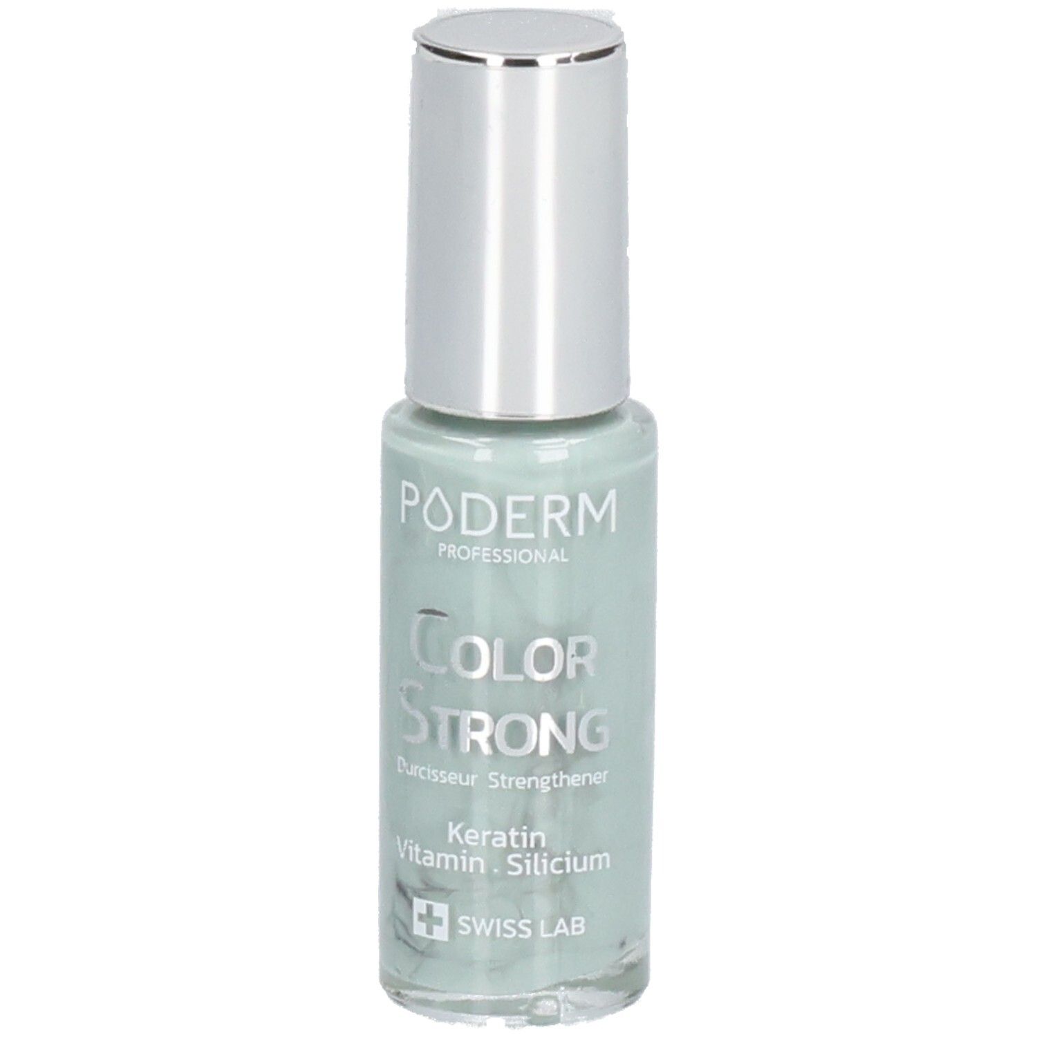 Hellgrüner Nagellackflakon mit silbernem Deckel. Aufschrift: PODERM PROFESSIONAL, COLOR STRONG, Keratin, Vitamin, Silicium, SWISS LAB.