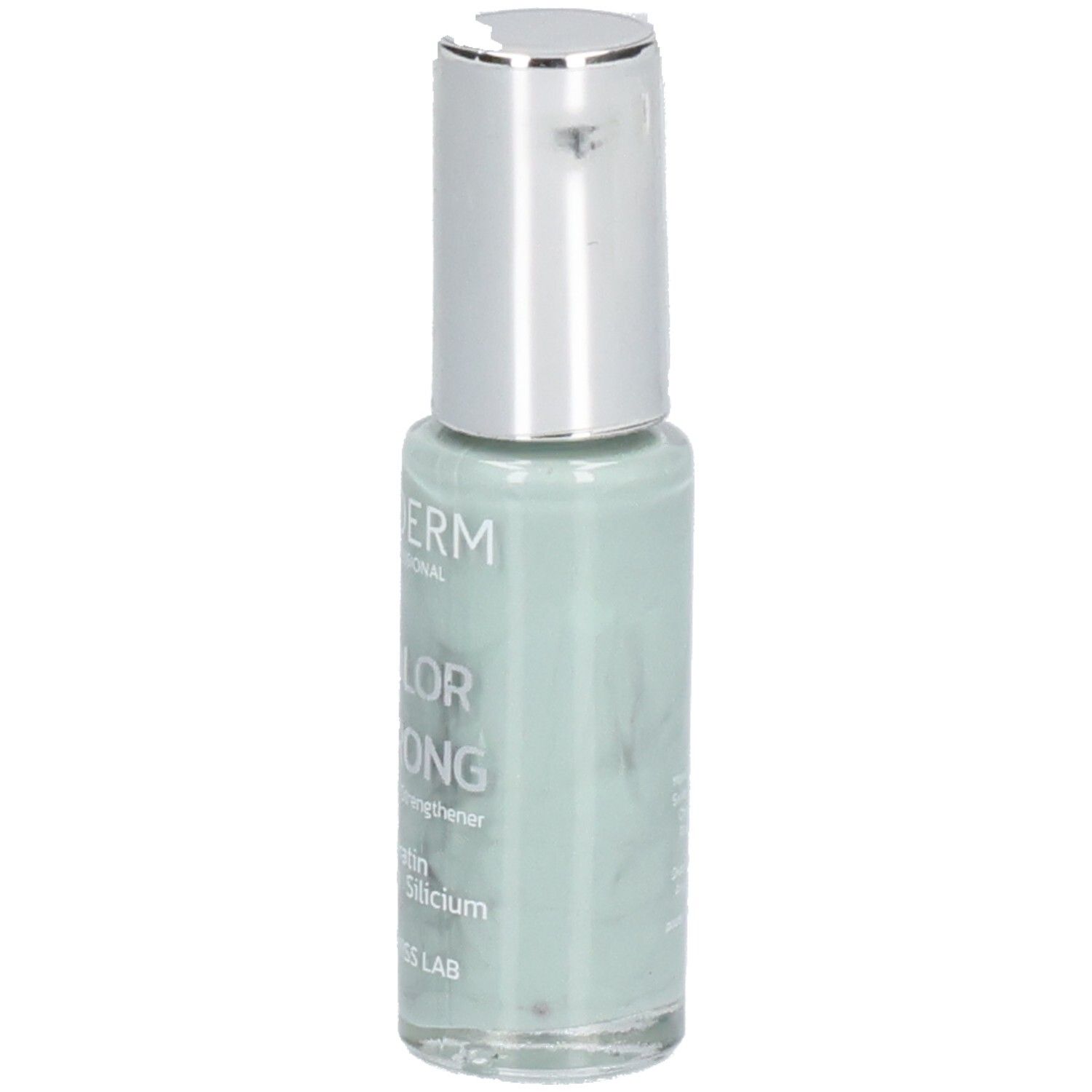 Hellgrüner Nagellackflakon mit silbernem Deckel. Aufschrift: PODERM PROFESSIONAL, COLOR STRONG, Keratin, Vitamin, Silicium, SWISS LAB.