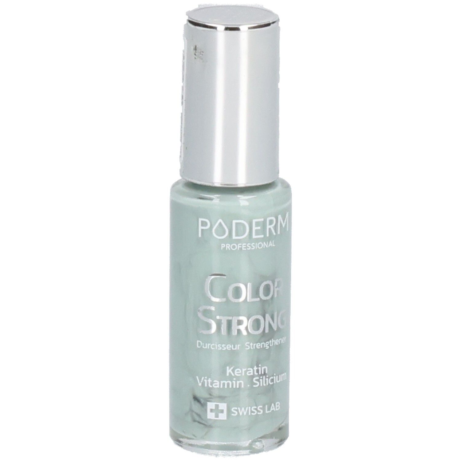Hellgrüner Nagellackflakon mit silbernem Deckel. Aufschrift: PODERM PROFESSIONAL, COLOR STRONG, Keratin, Vitamin, Silicium, SWISS LAB.