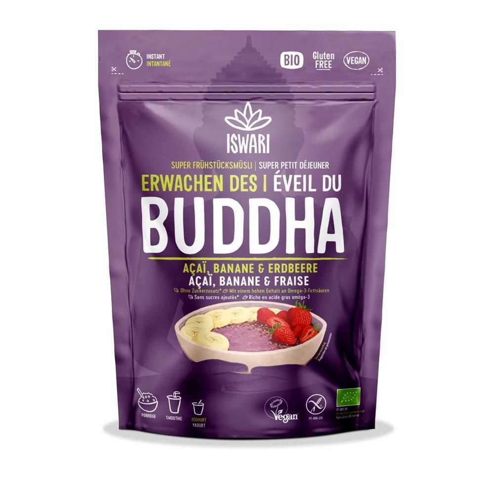 Lila Beutel mit ISWARI Erwachen des Buddha Müsli, Açaí, Banane & Erdbeere. Bio, Glutenfrei, Vegan.