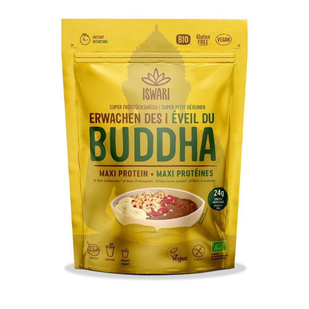 ISWARI Erwachen des Buddha Maxi Protein Bio Beutel. Gelbe Verpackung mit Produktabbildung und Bio-Siegeln.