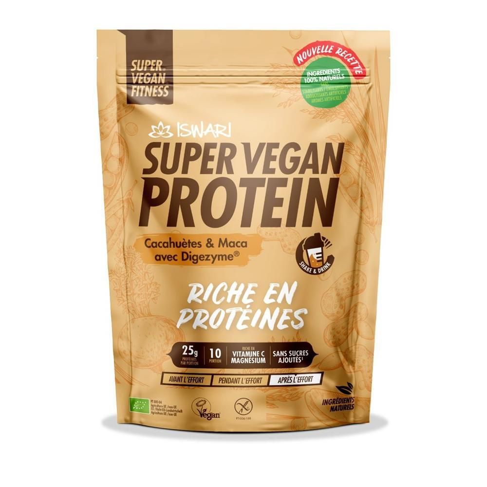 Beutel mit ISWARI Super Vegan Protein Erdnuss & Maca mit DigeZyme. Reich an Proteinen, Vitamin C und Magnesium.