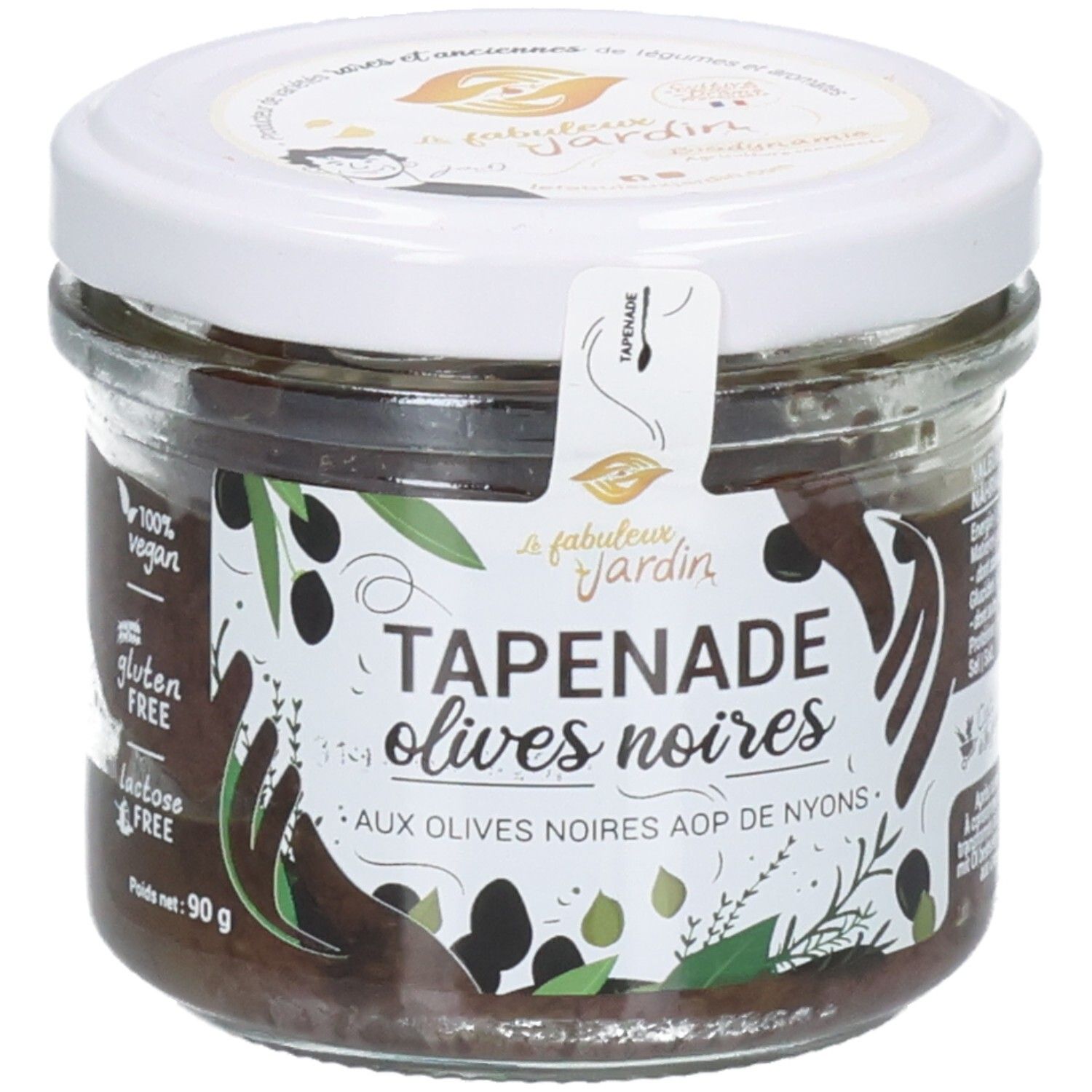 Bocal de tapenade d'olives noires, 90g. Labels bio et vegan visibles.