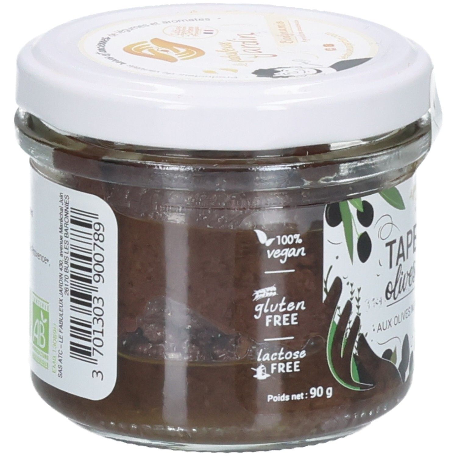 Bocal de tapenade d'olives noires, 90g. Vue latérale avec code-barres et label bio.
