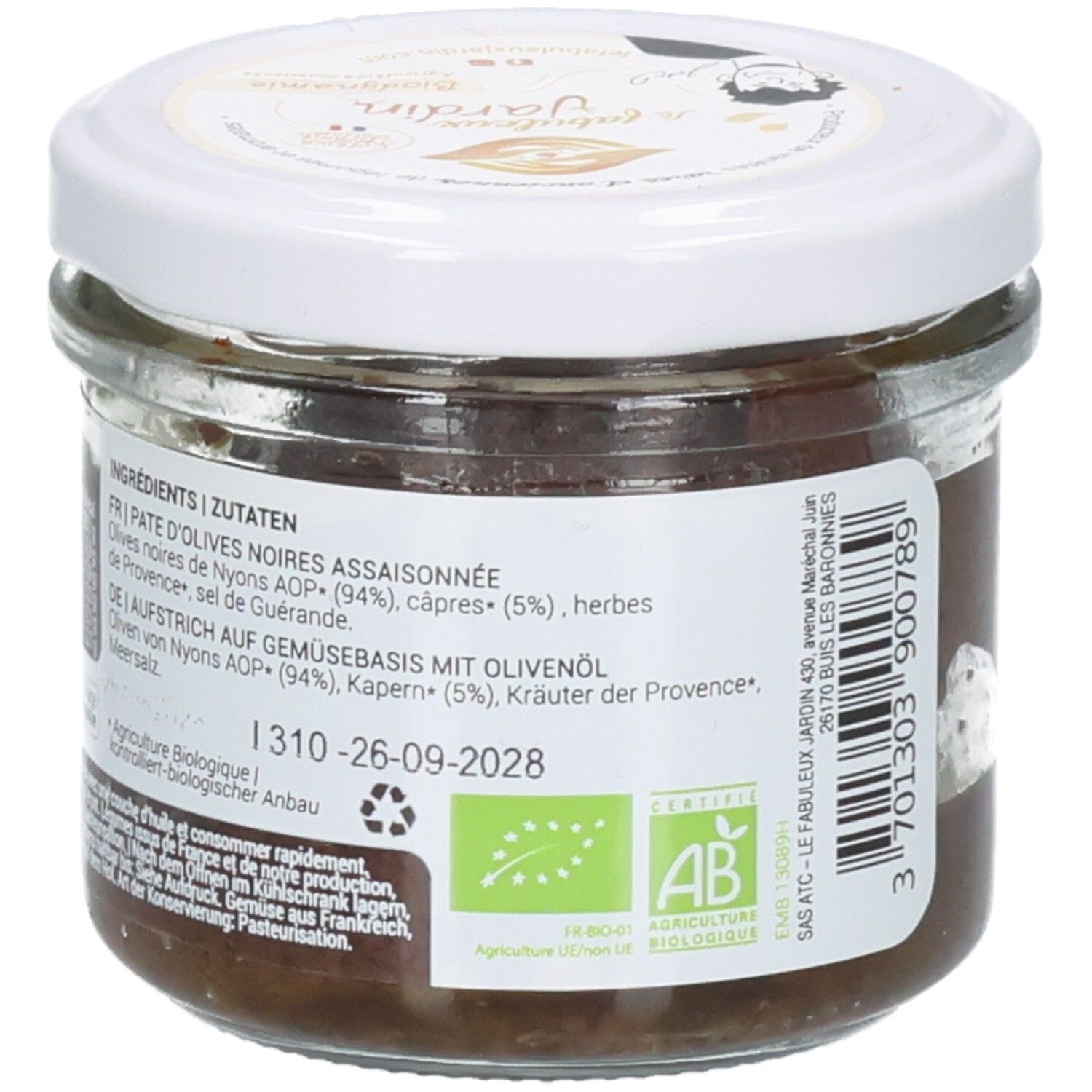 Arrière d'un bocal de tapenade d'olives noires, 90g. Liste des ingrédients et certification bio.