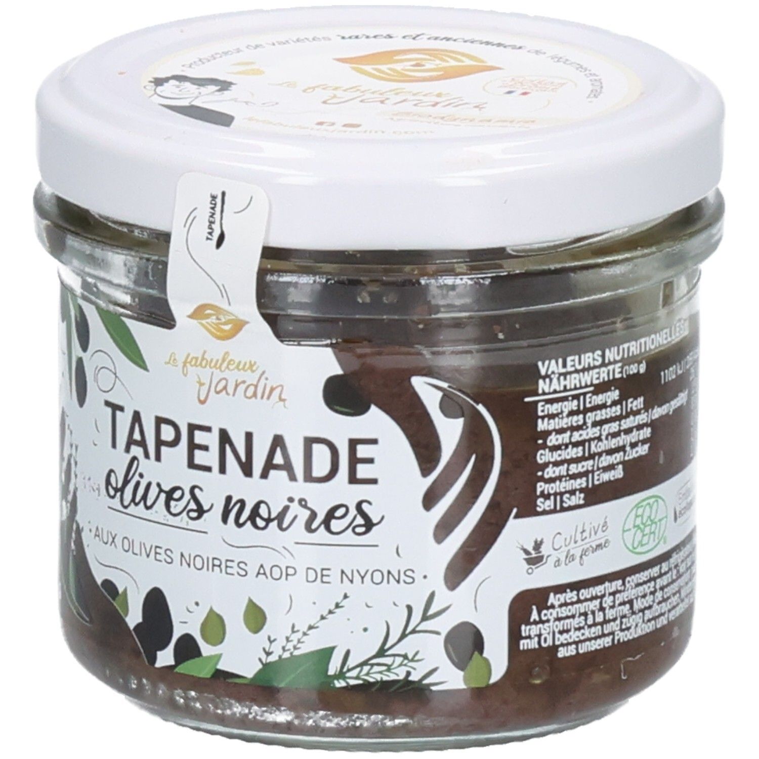 Bocal de tapenade d'olives noires, 90g. Informations nutritionnelles et label bio sur le devant.