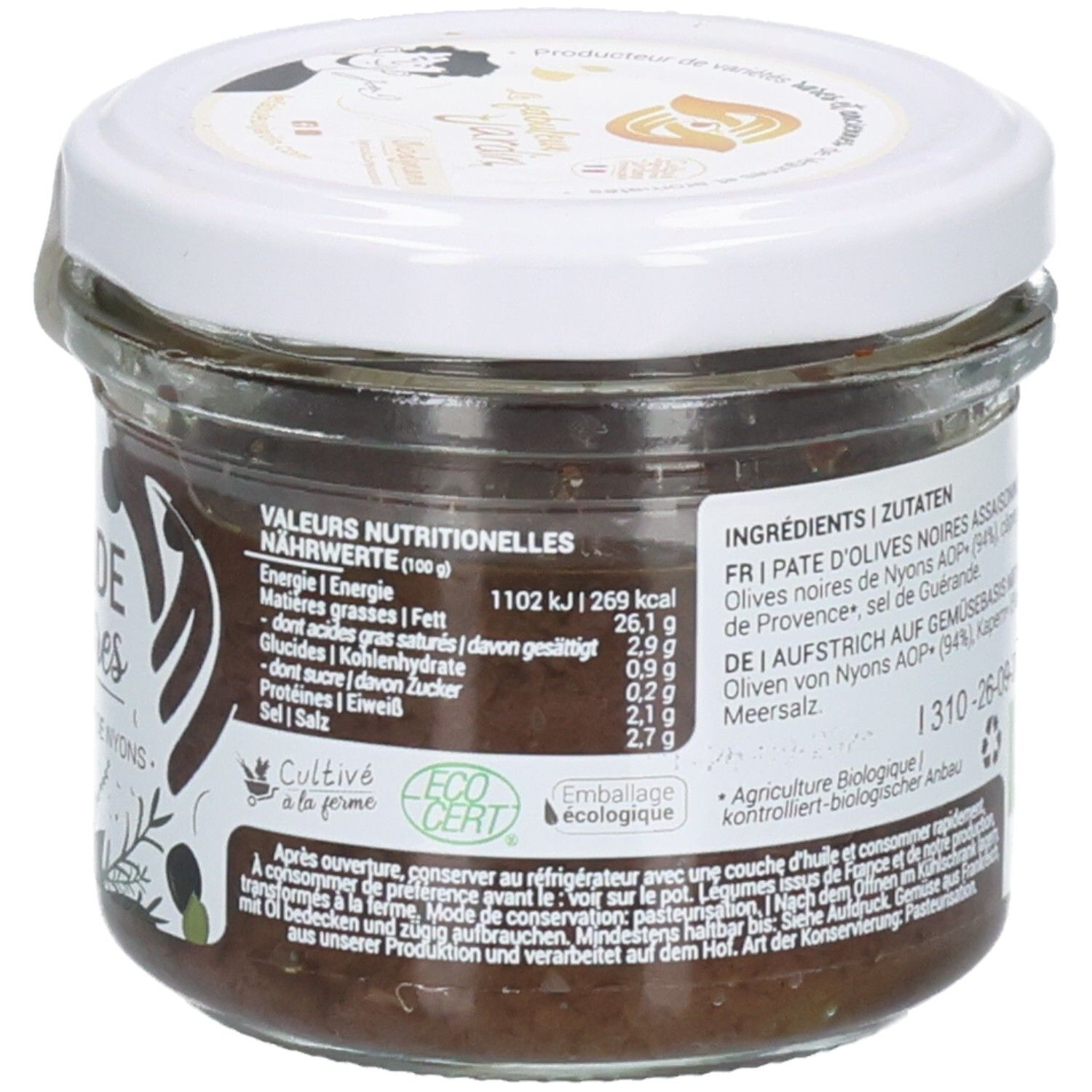 Arrière d'un bocal de tapenade d'olives noires, 90g. Informations nutritionnelles et certification bio.