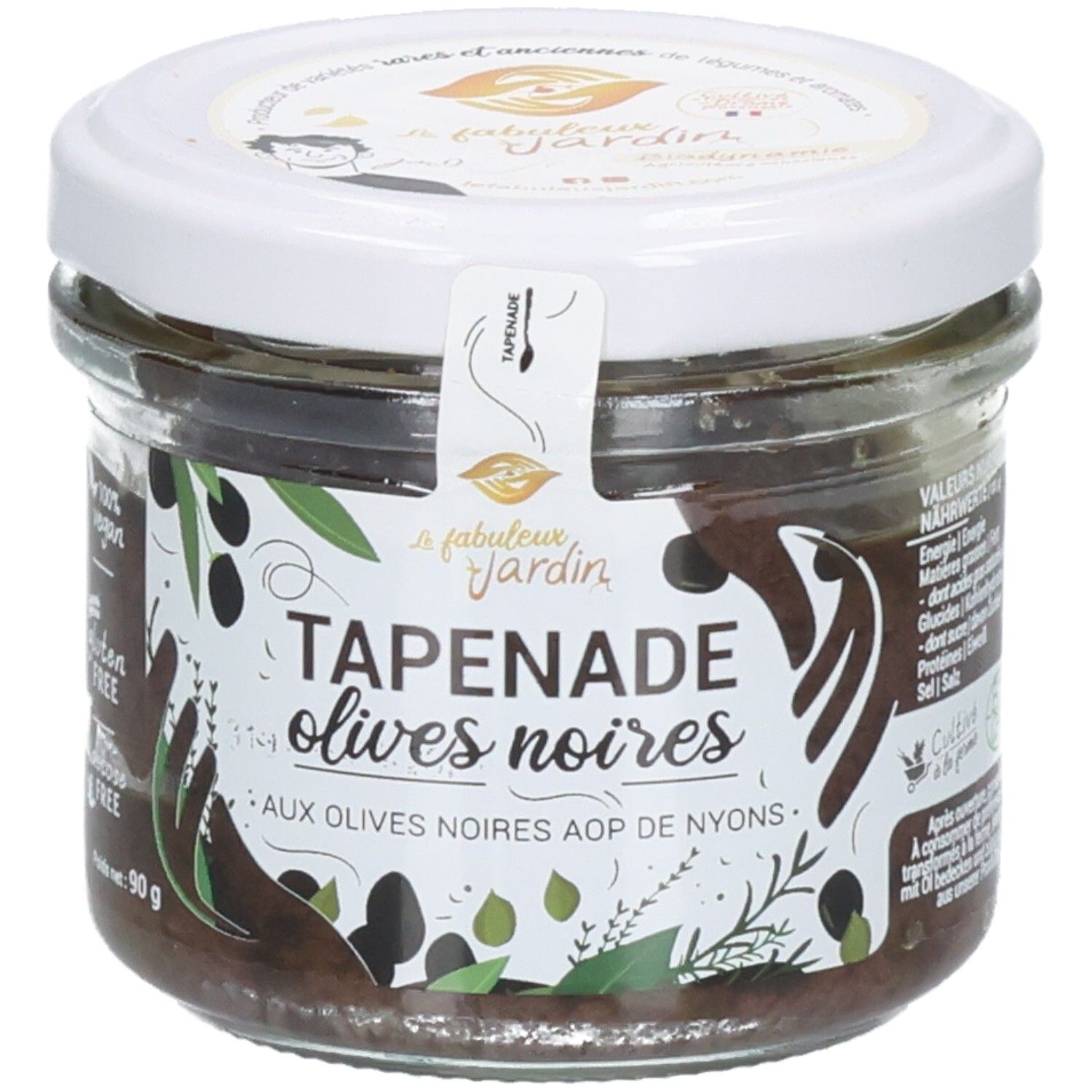 Bocal de tapenade d'olives noires, 90g. Vue de face avec informations nutritionnelles et label bio.