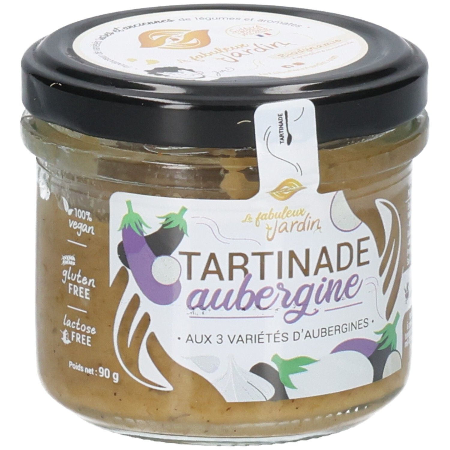 Pot de tartinade d'aubergine, 90g. Végétalien, sans gluten et sans lactose.