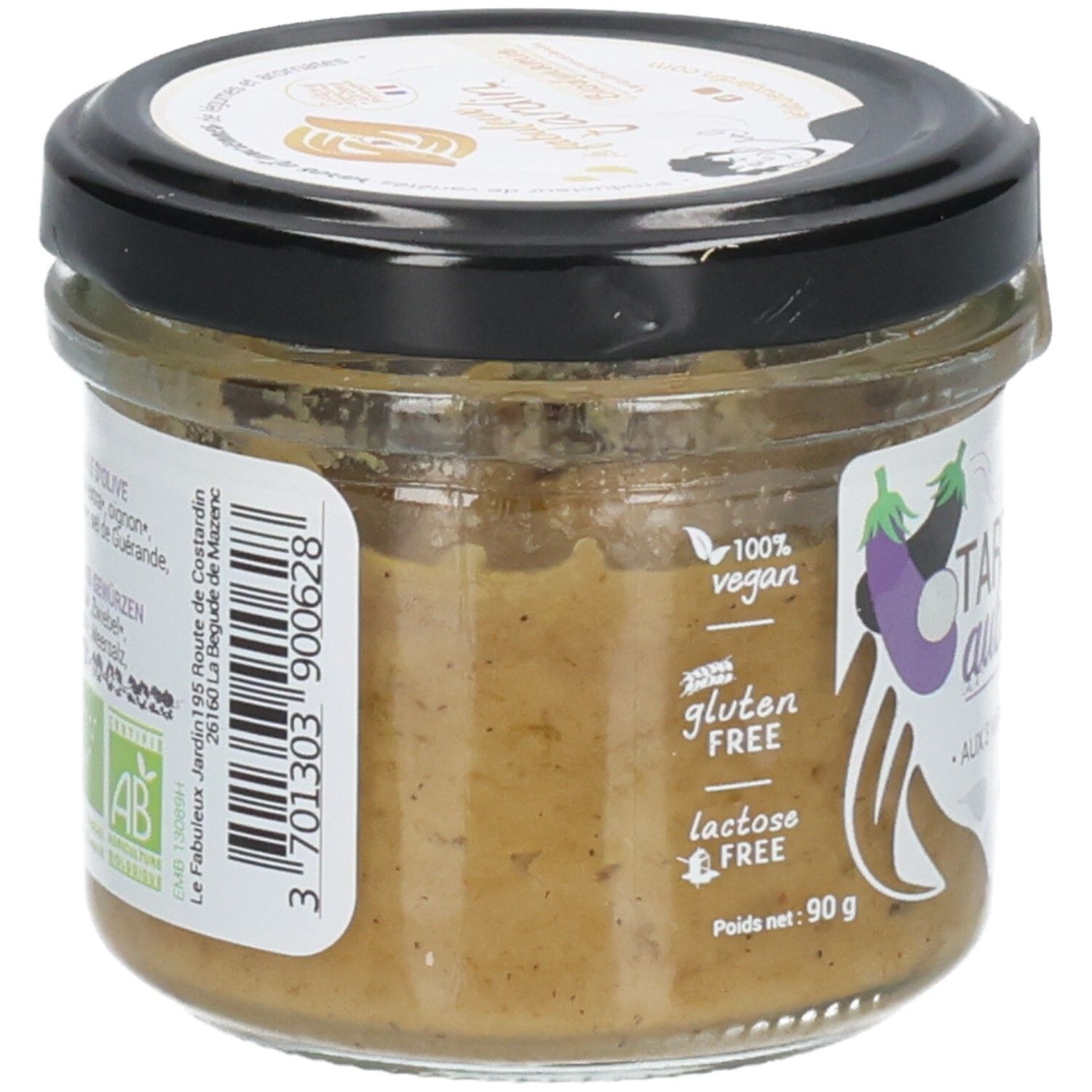 Pot de tartinade d'aubergine, 90g. Vue latérale avec label bio.