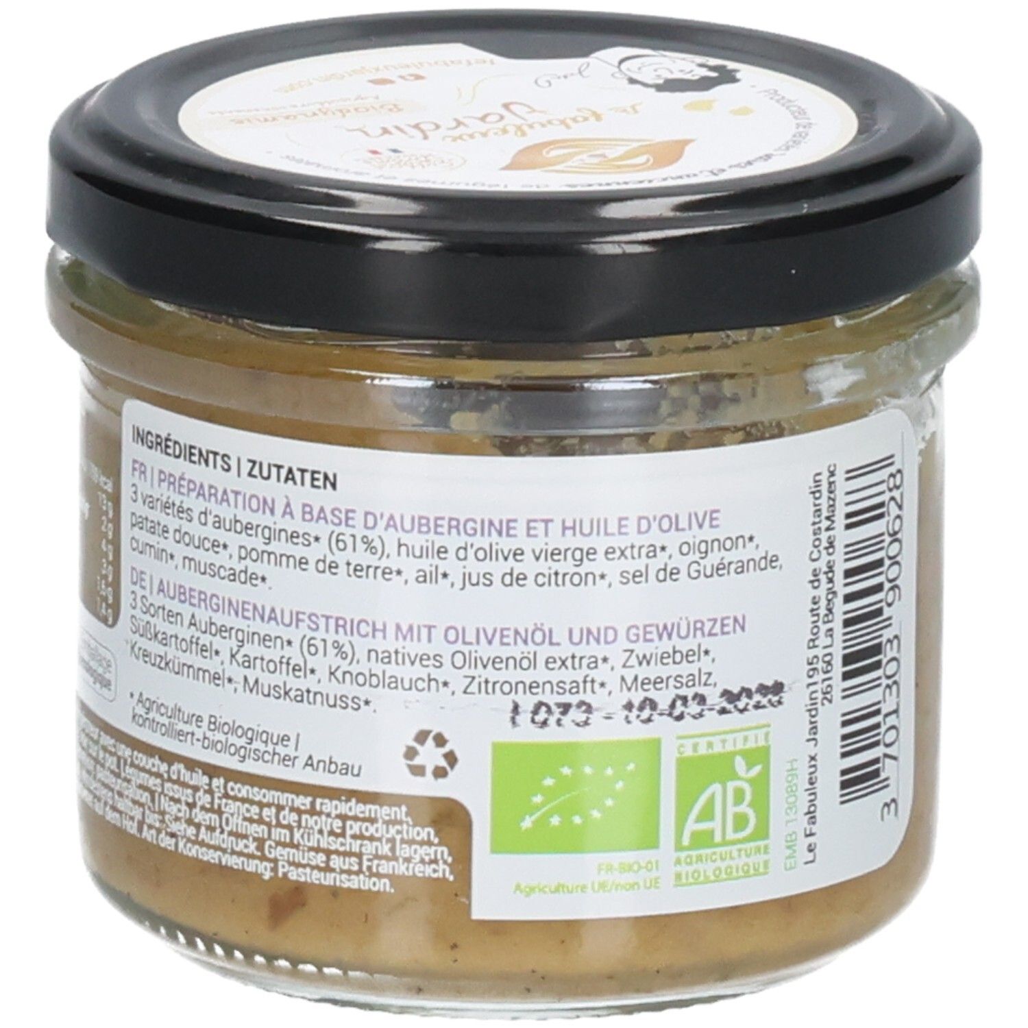 Arrière d'un pot de tartinade d'aubergine avec liste d'ingrédients et label bio.