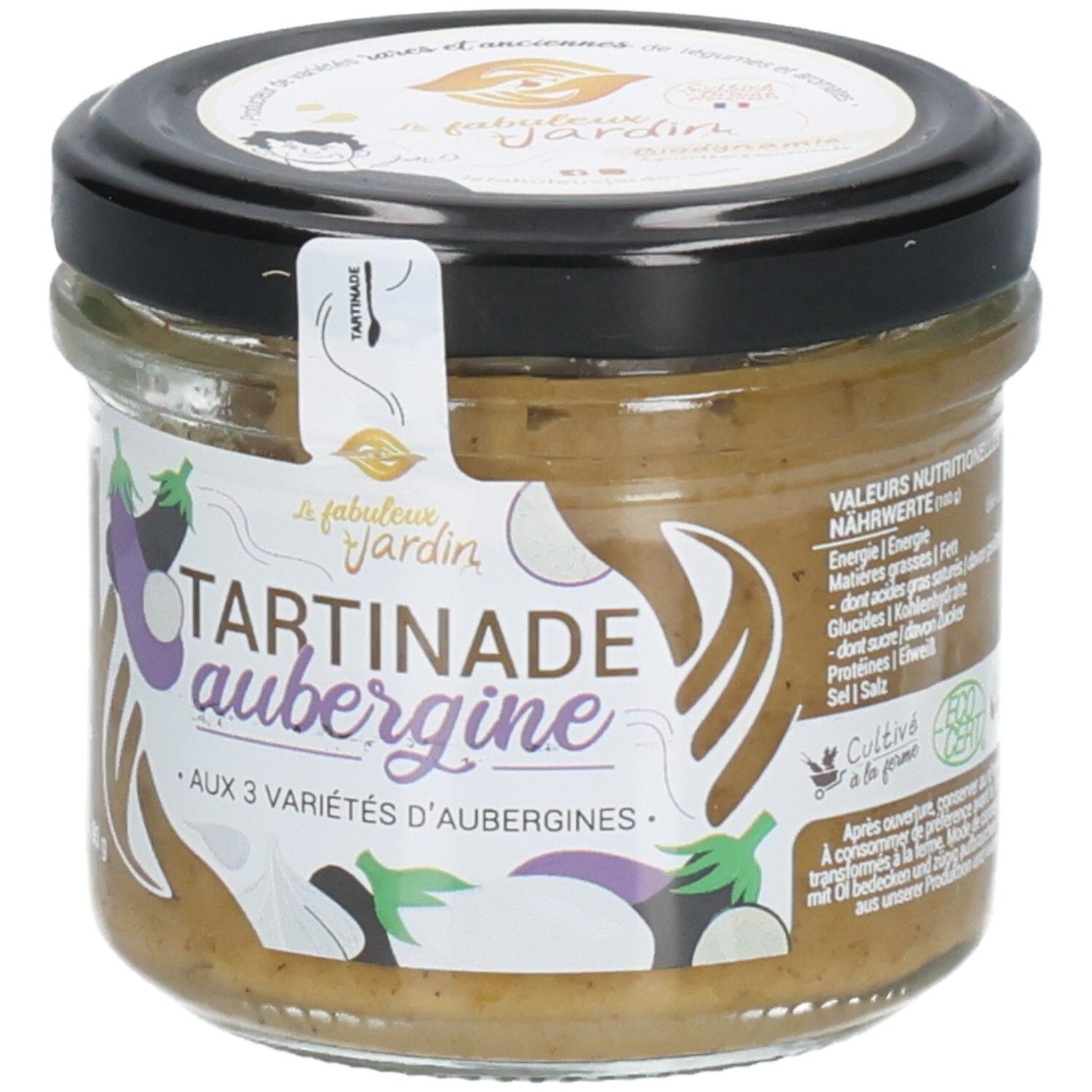 Pot de tartinade d'aubergine, 90g. Avec tableau nutritionnel et label bio.