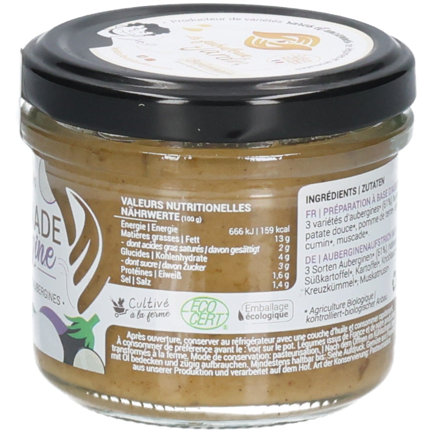 Pot de tartinade d'aubergine, 90g. Valeurs nutritionnelles et liste d'ingrédients au dos.