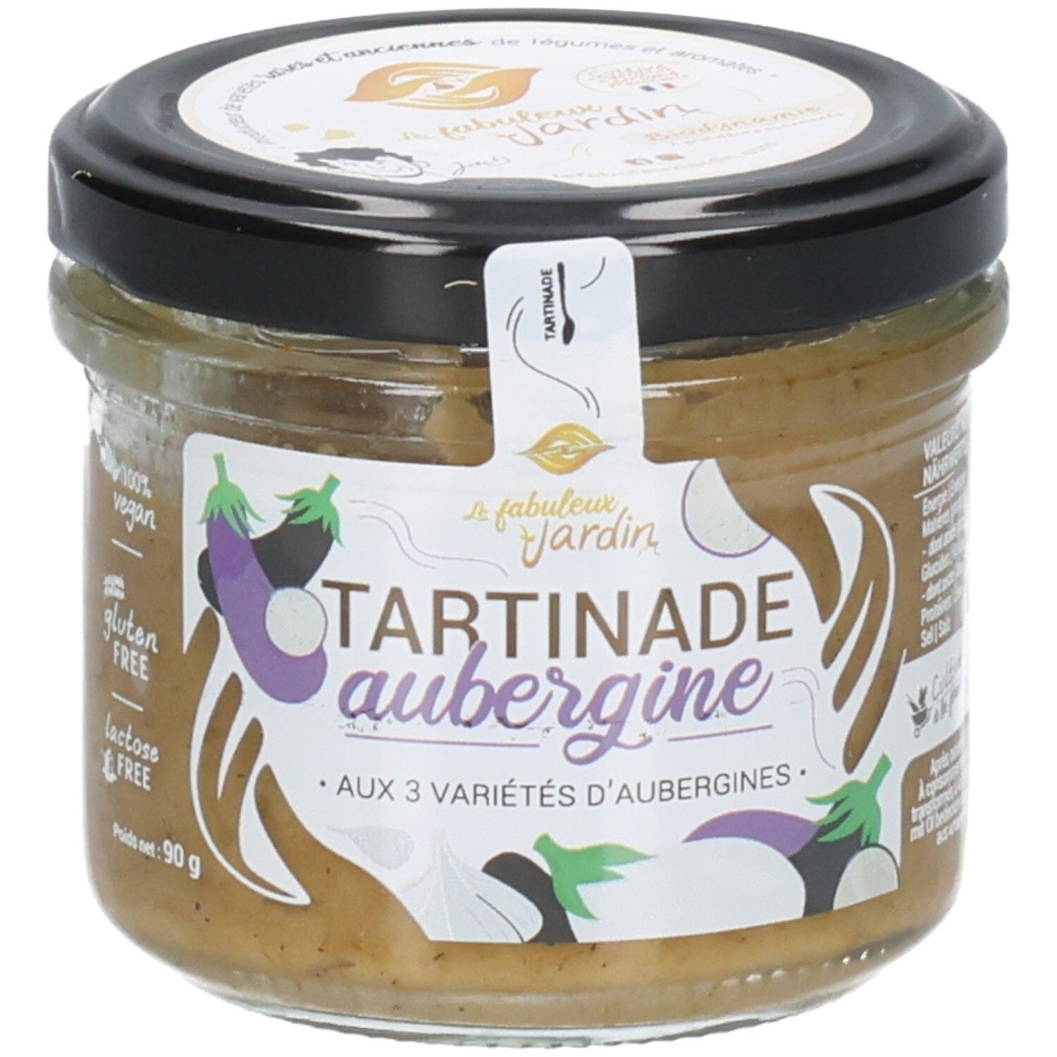 Pot de tartinade d'aubergine, 90g. Végétalien, sans gluten et sans lactose, avec label bio.