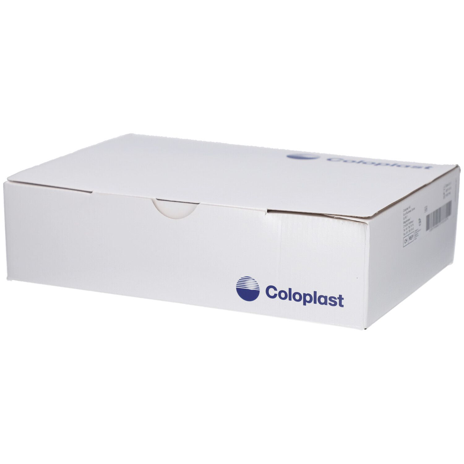 Weiße Verpackung mit Coloplast-Logo. Karton mit Deckel. Aufdrucke und Barcode auf der Seite.