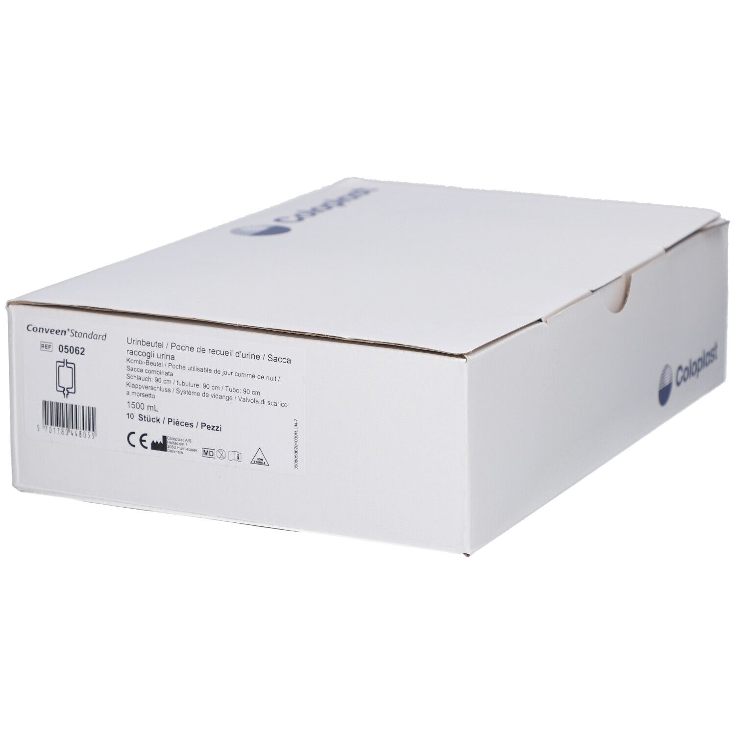 Weiße Verpackung mit Produktinformationen. Coloplast-Logo. Karton mit Deckel. Text und Barcode.