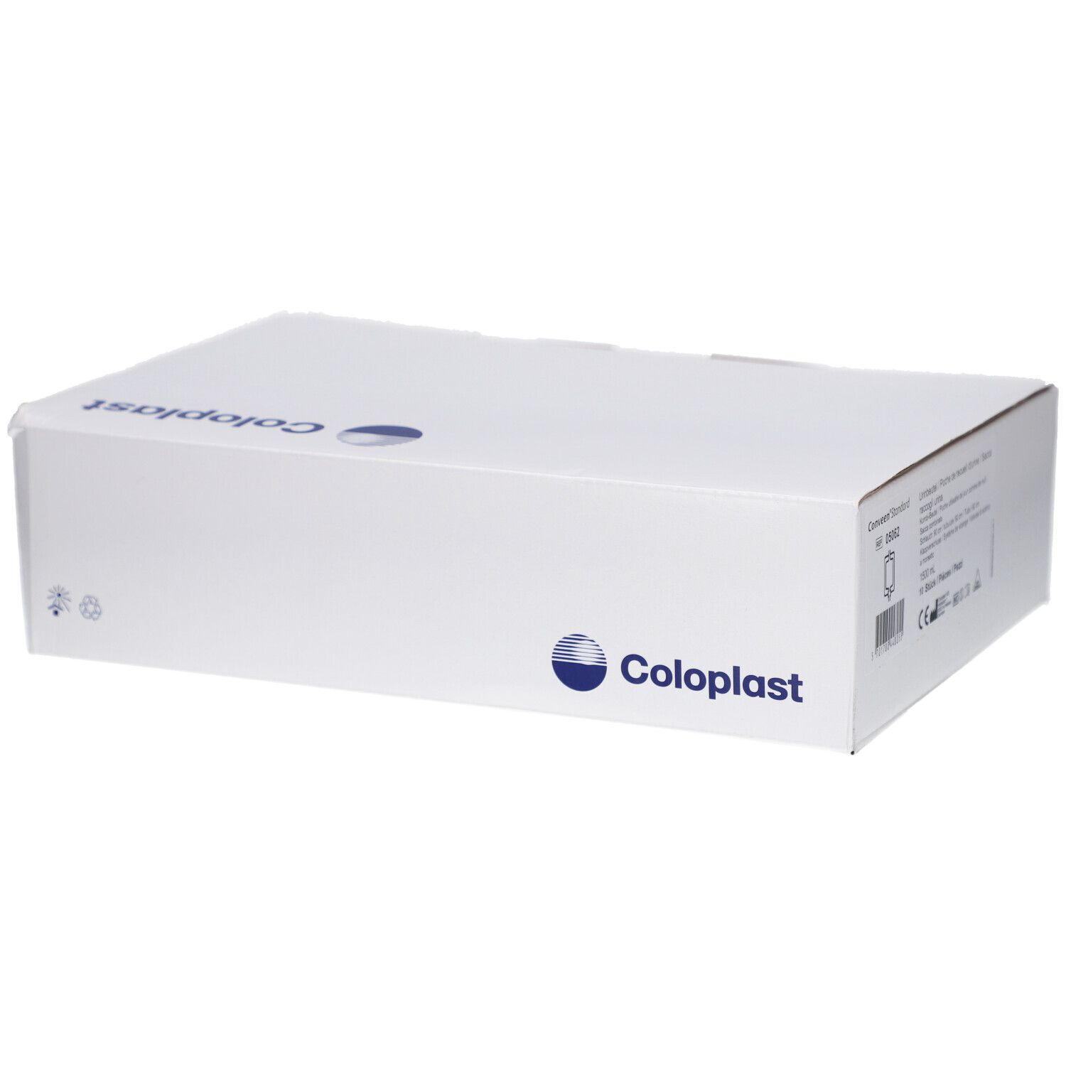 Weiße Verpackung mit Coloplast-Logo. Karton mit Deckel. Aufdrucke und Barcode auf der Seite.