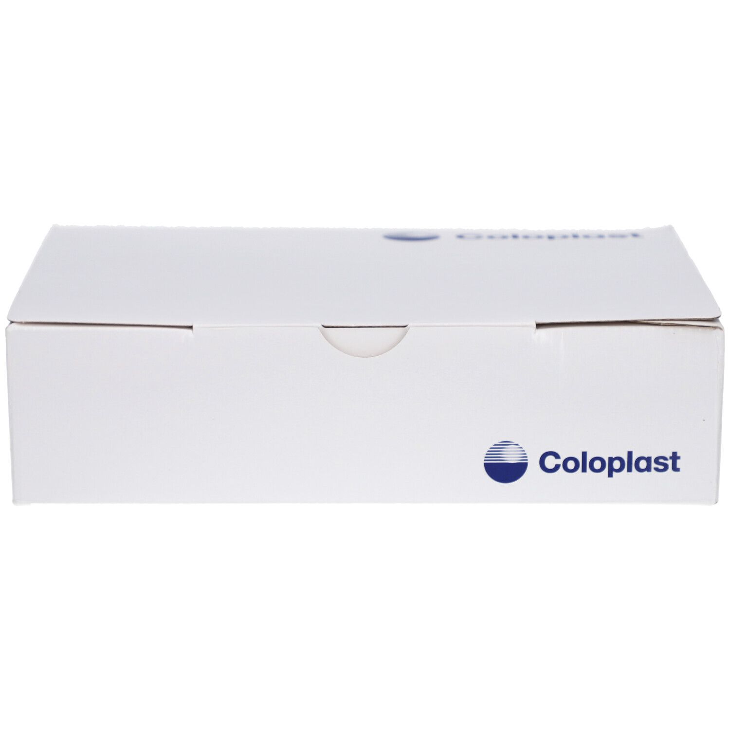 Weiße Verpackung mit Coloplast-Logo. Karton mit Deckel. Aufdrucke und Barcode auf der Seite.