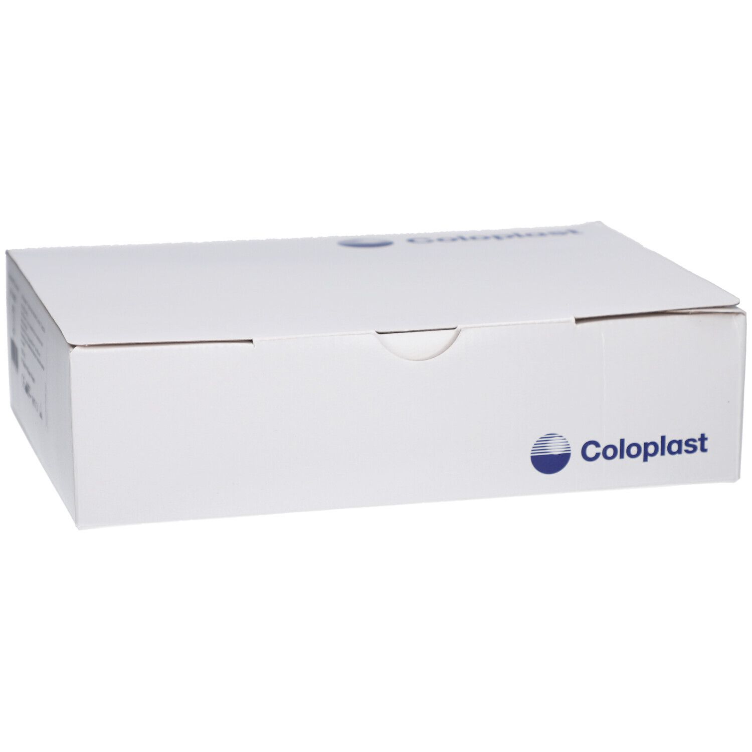 Weiße Verpackung mit Coloplast-Logo. Karton mit Deckel. Aufdrucke und Barcode auf der Seite.