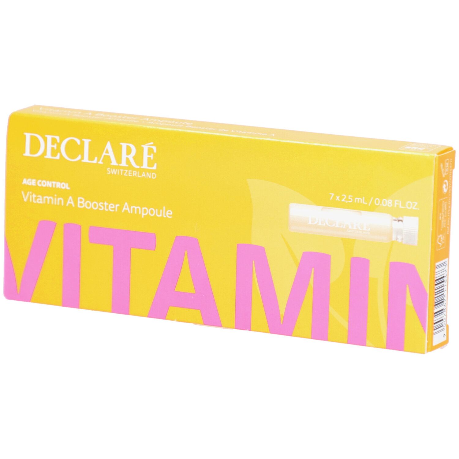 Boîte jaune DECLARÉ Vitamin A Booster Ampoule. Inscription rose "VITAMIN". Contient 7 ampoules.