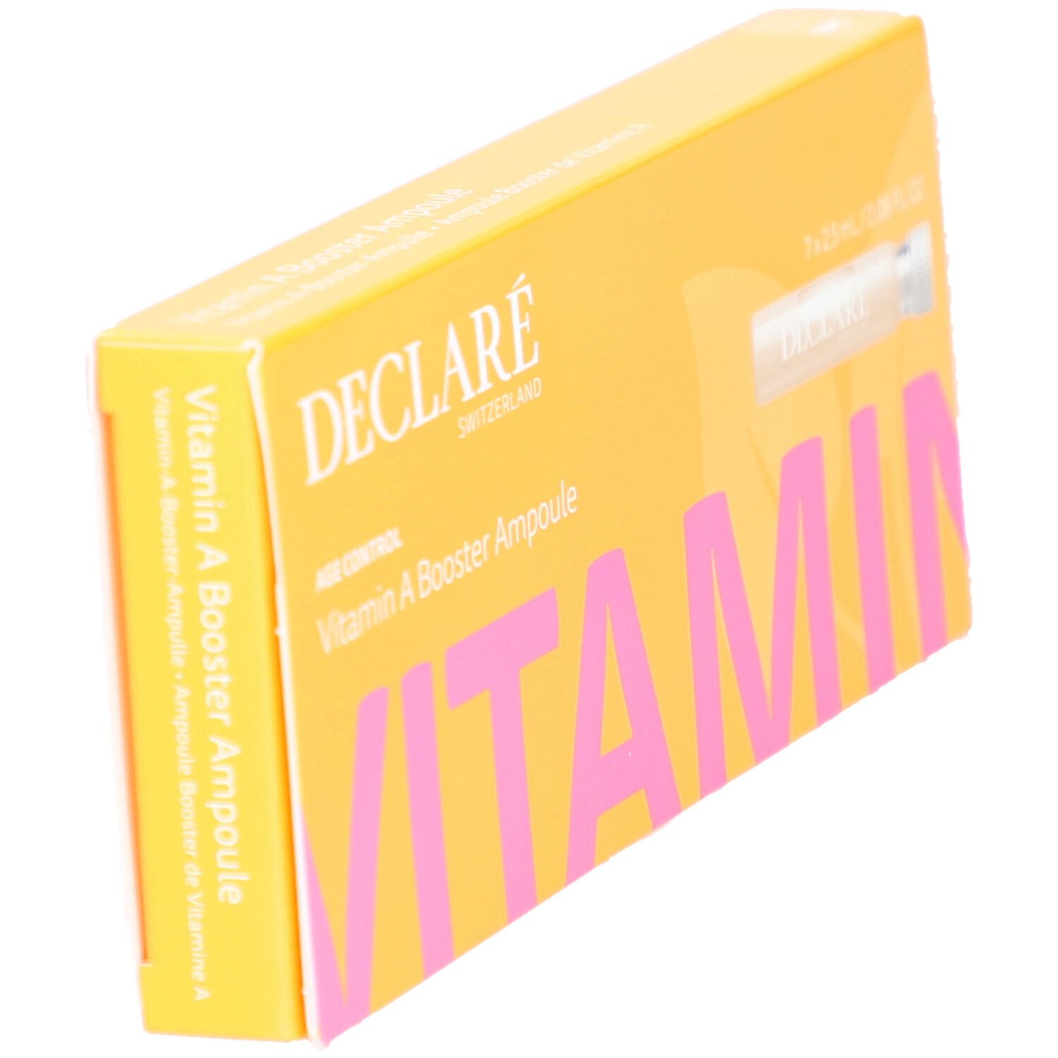 Boîte DECLARÉ Vitamin A Booster Ampoule, en biais. Inscription rose "VITAMIN". Emballage jaune.