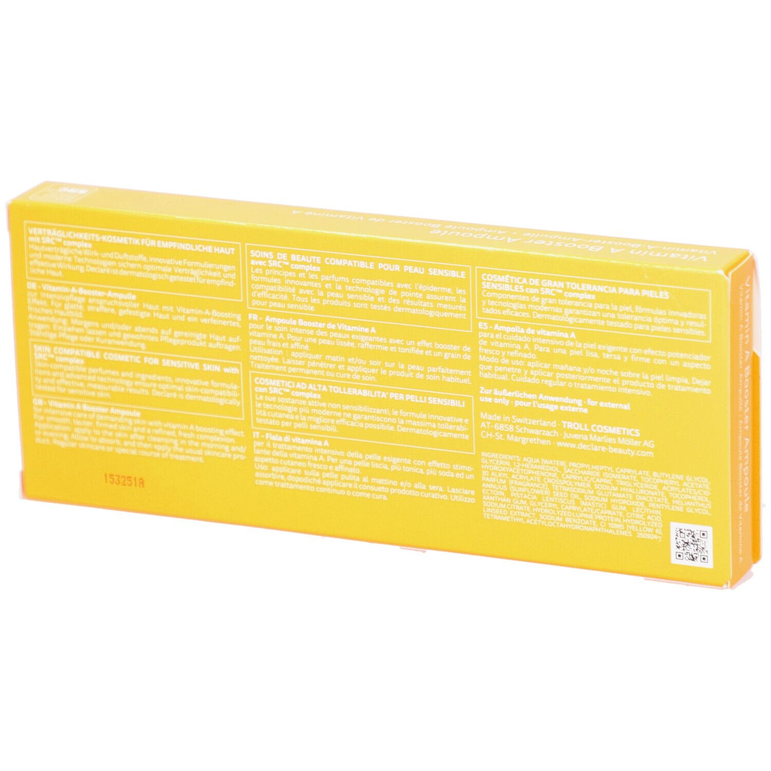 Dos de la boîte jaune DECLARÉ Vitamin A Booster Ampoule. Texte en plusieurs langues.