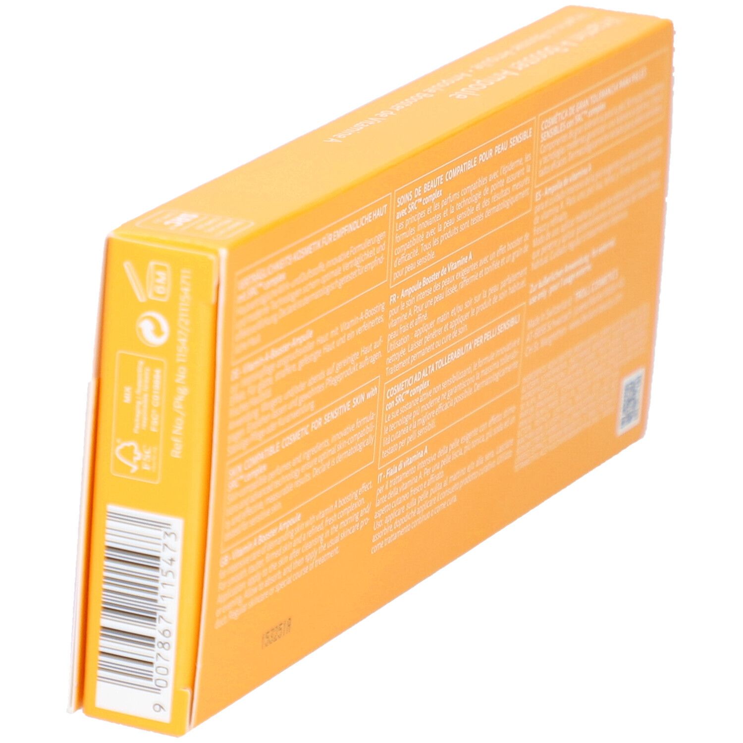 Dos de la boîte jaune DECLARÉ Vitamin A Booster Ampoule, en biais. Texte en plusieurs langues.