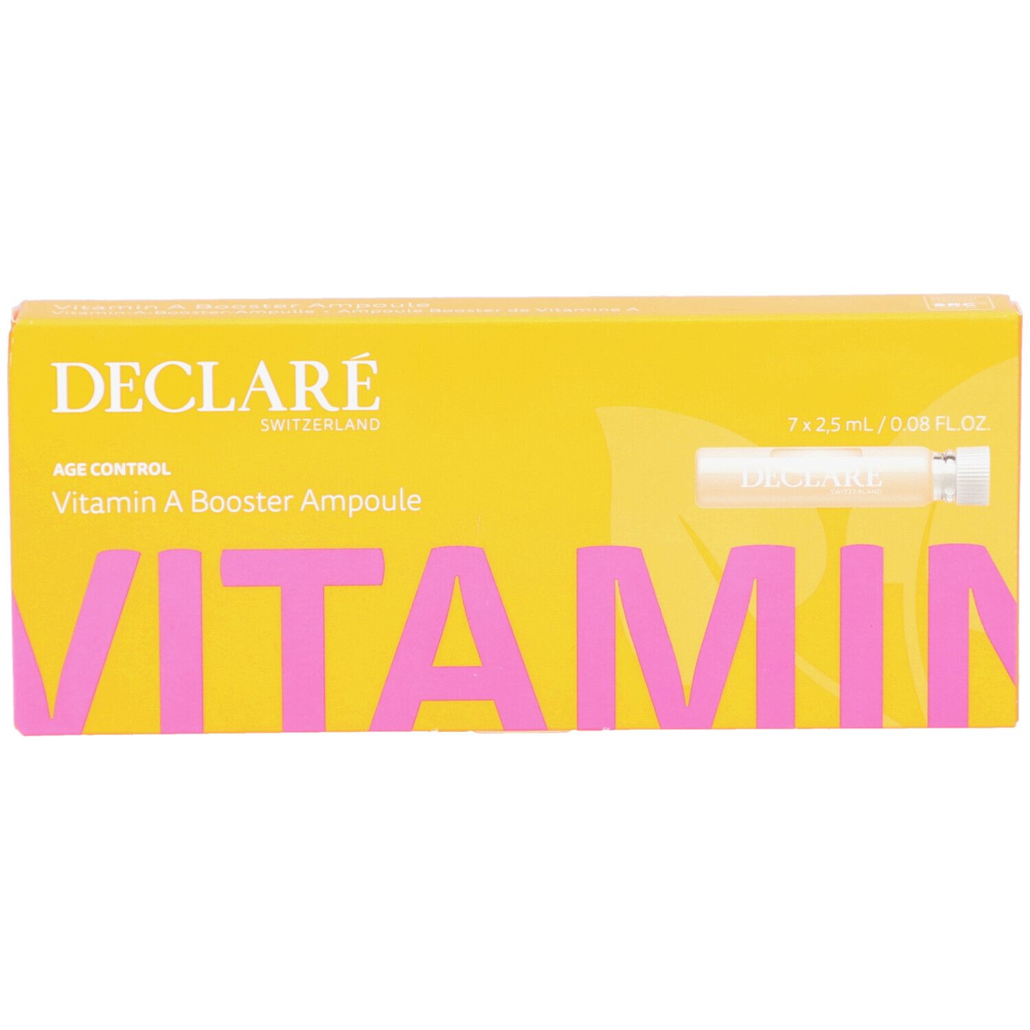 Boîte jaune DECLARÉ Vitamin A Booster Ampoule. Inscription rose "VITAMIN". Contient 7 ampoules.