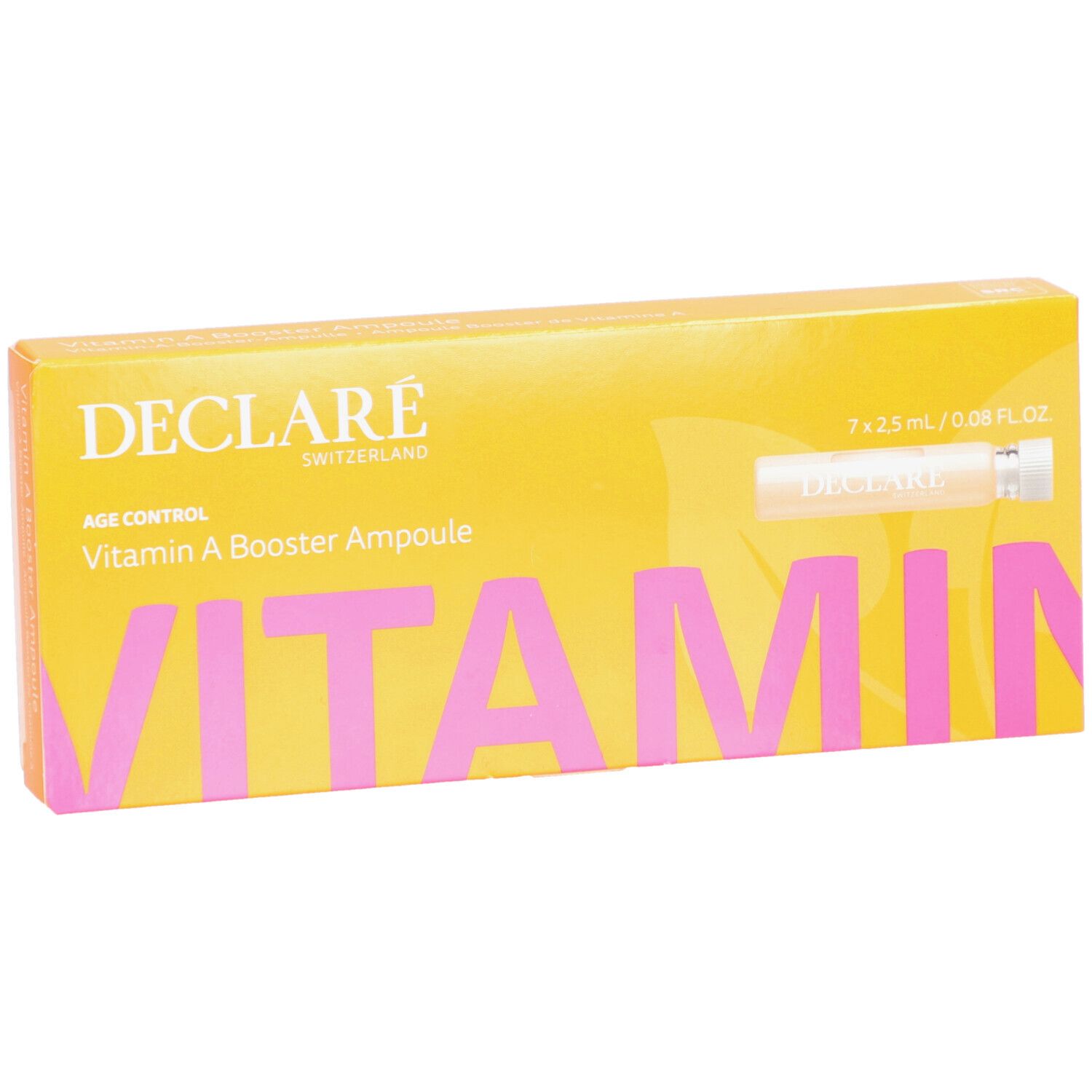 Boîte jaune DECLARÉ Vitamin A Booster Ampoule. Inscription rose "VITAMIN". Contient 7 ampoules.