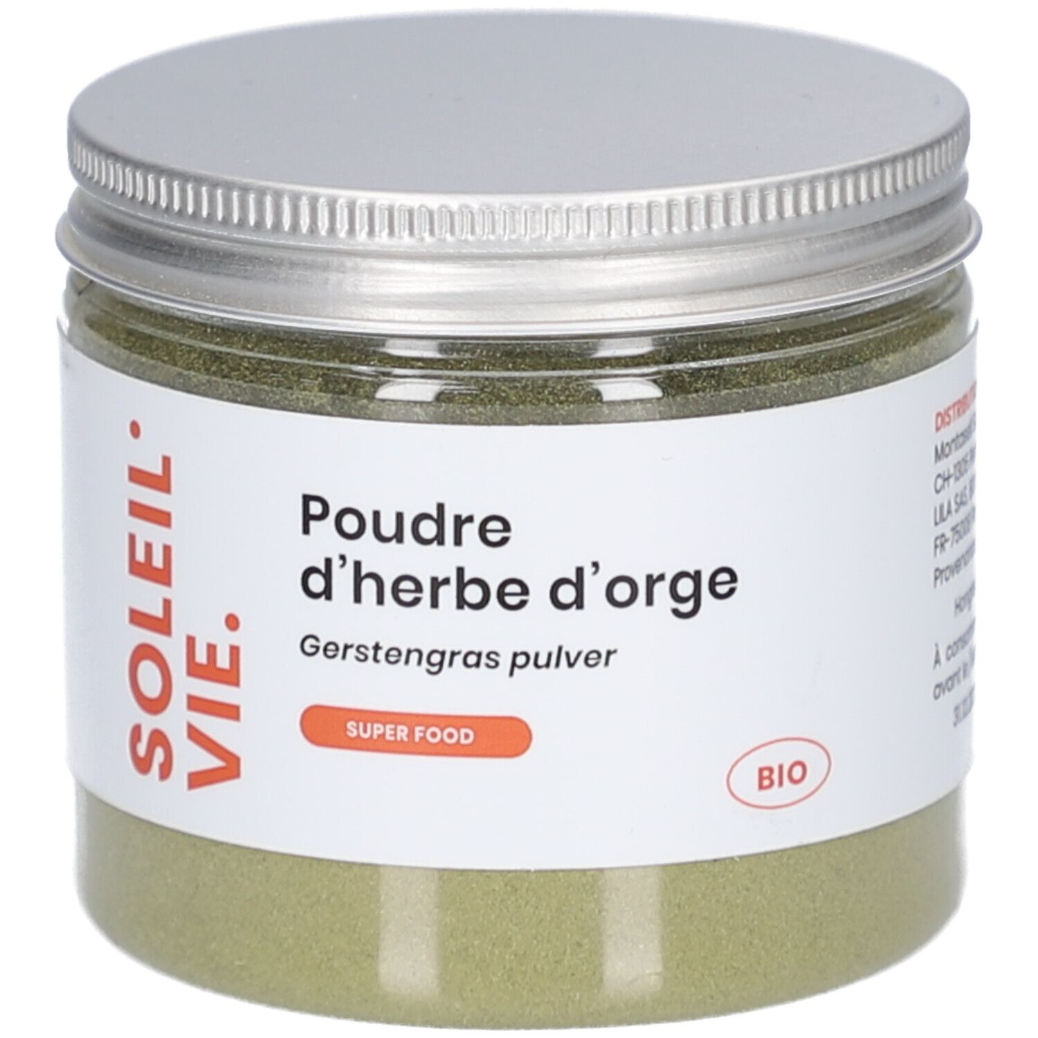 Pot en verre contenant de la poudre verte. Inscription: Poudre d'herbe d'orge, BIO, SUPER FOOD. Marque: Soleil Vie.