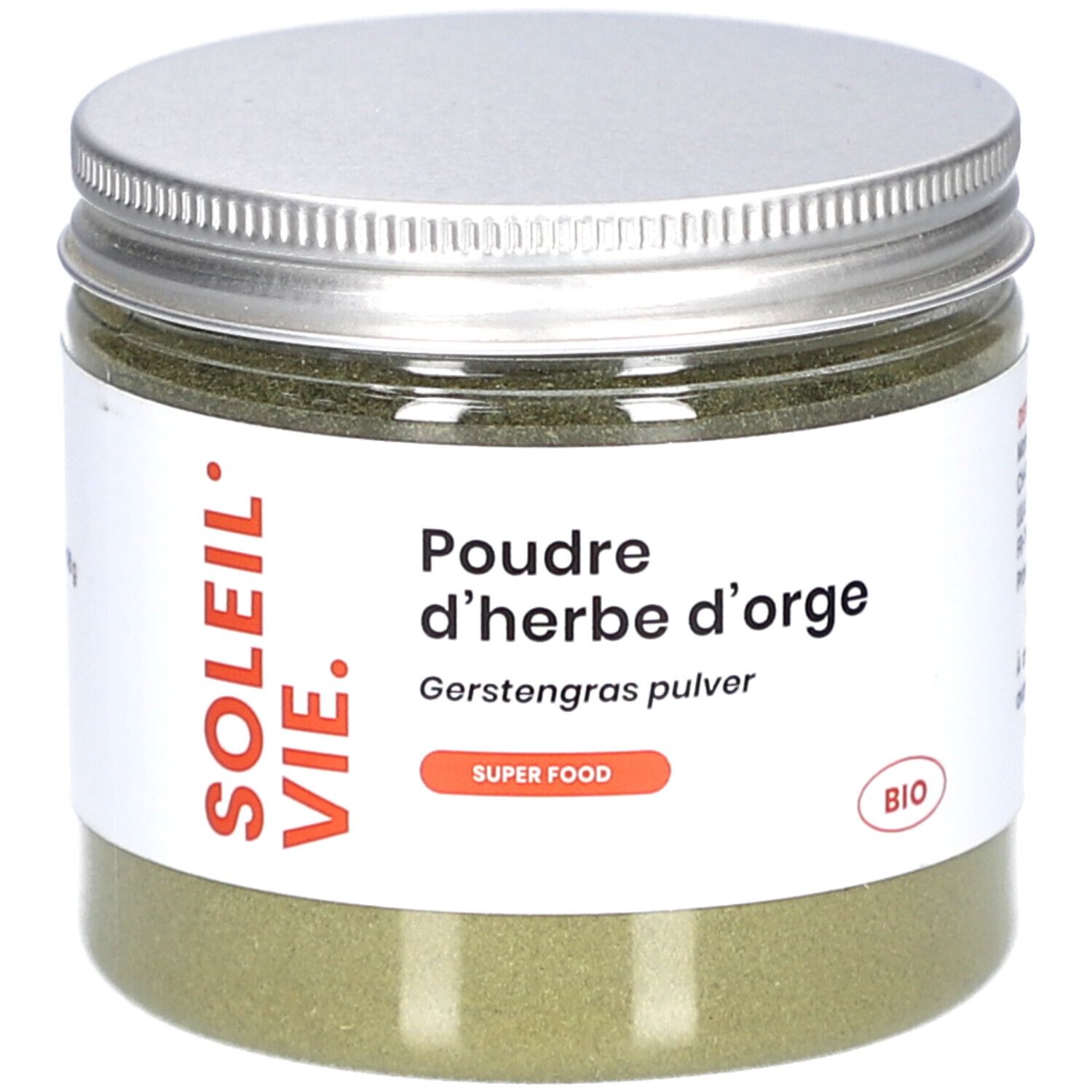 Pot en verre contenant de la poudre verte. Inscription: Poudre d'herbe d'orge, BIO, SUPER FOOD. Marque: Soleil Vie.