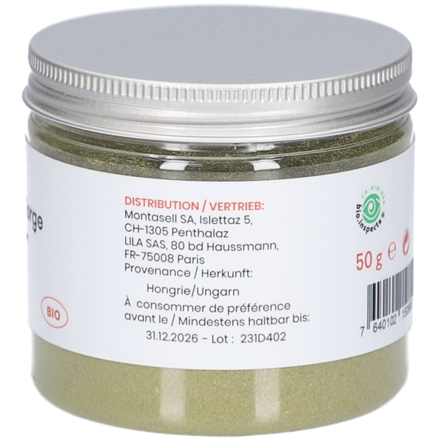 Pot en verre avec poudre verte. Inscriptions: 50g, BIO, date de péremption. Code-barres. Marque: Soleil Vie. Logo Bio-Inspecta.
