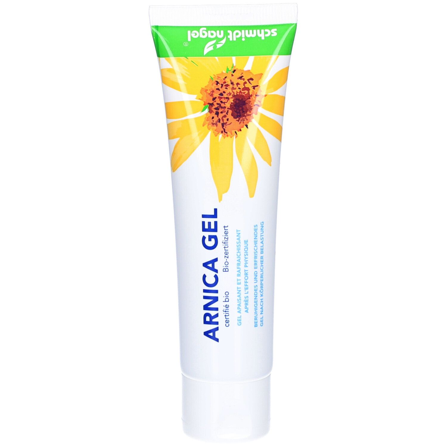 Tube mit ARNICA GEL, gelb-grünes Design, Sonnenblumen-Illustration. Bio-zertifiziert. Marke: schmidt nagel.