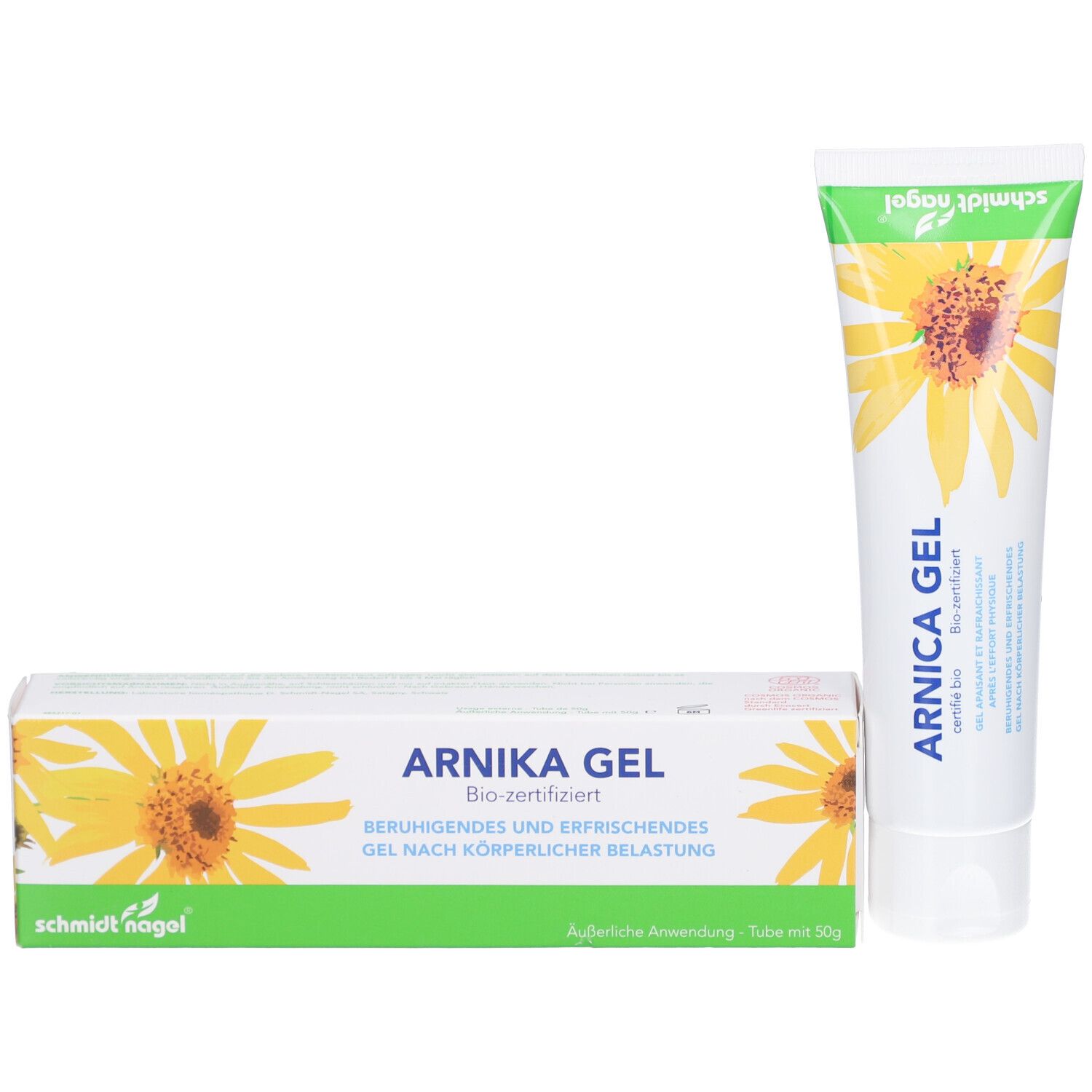 Tube und Schachtel ARNICA GEL. Gelb-grünes Design, Sonnenblumen-Illustration. Bio-zertifiziert. Marke: schmidt nagel.