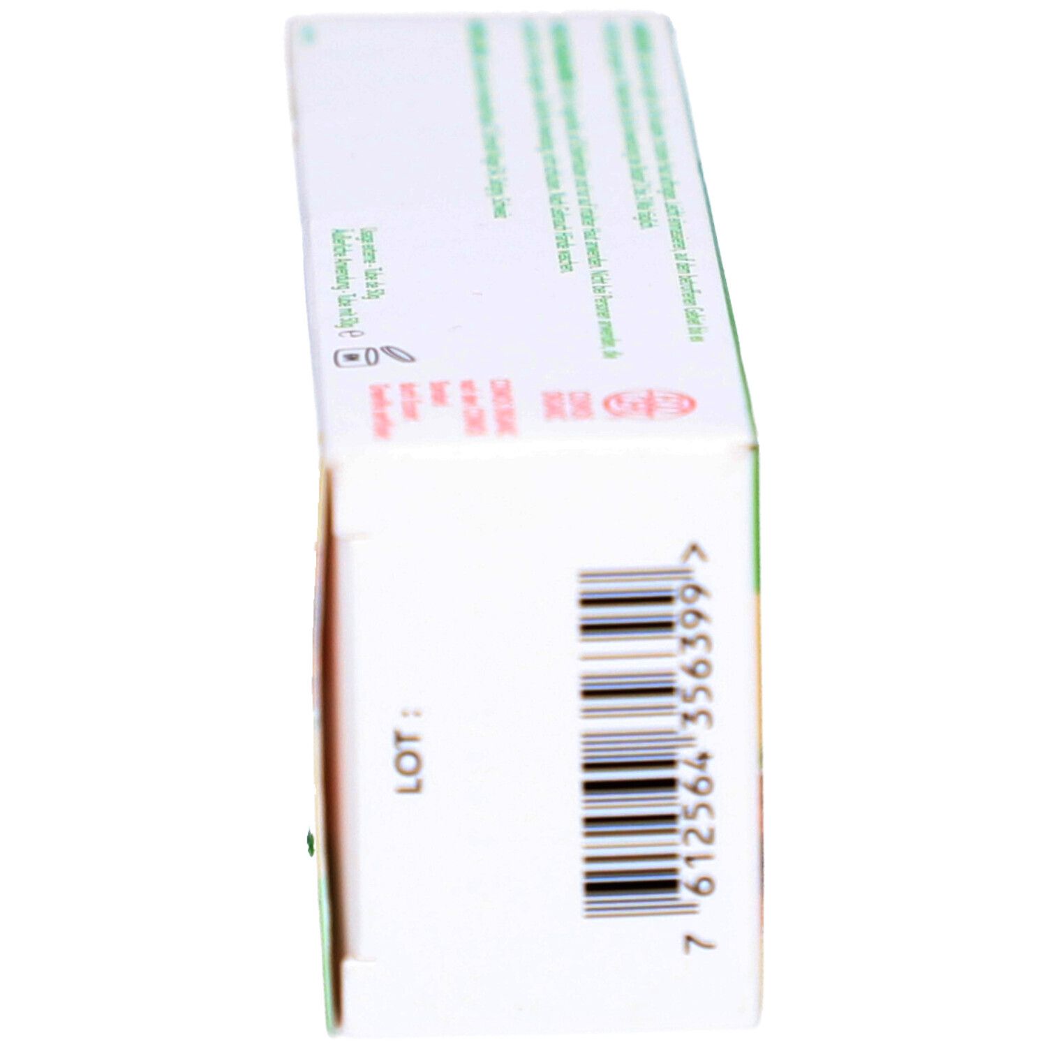 Seitenansicht der Schachtel ARNICA GEL. Barcode und Chargennummer. Marke: schmidt nagel.