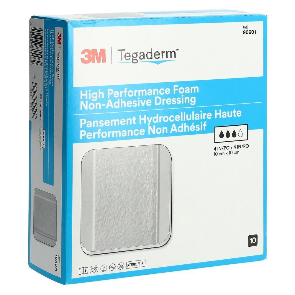 Blau-weiße Verpackung mit 3M Tegaderm-Logo. Produktbezeichnung: High Performance Foam Non-Adhesive Dressing. 10 x 10 cm. 10 Stück.