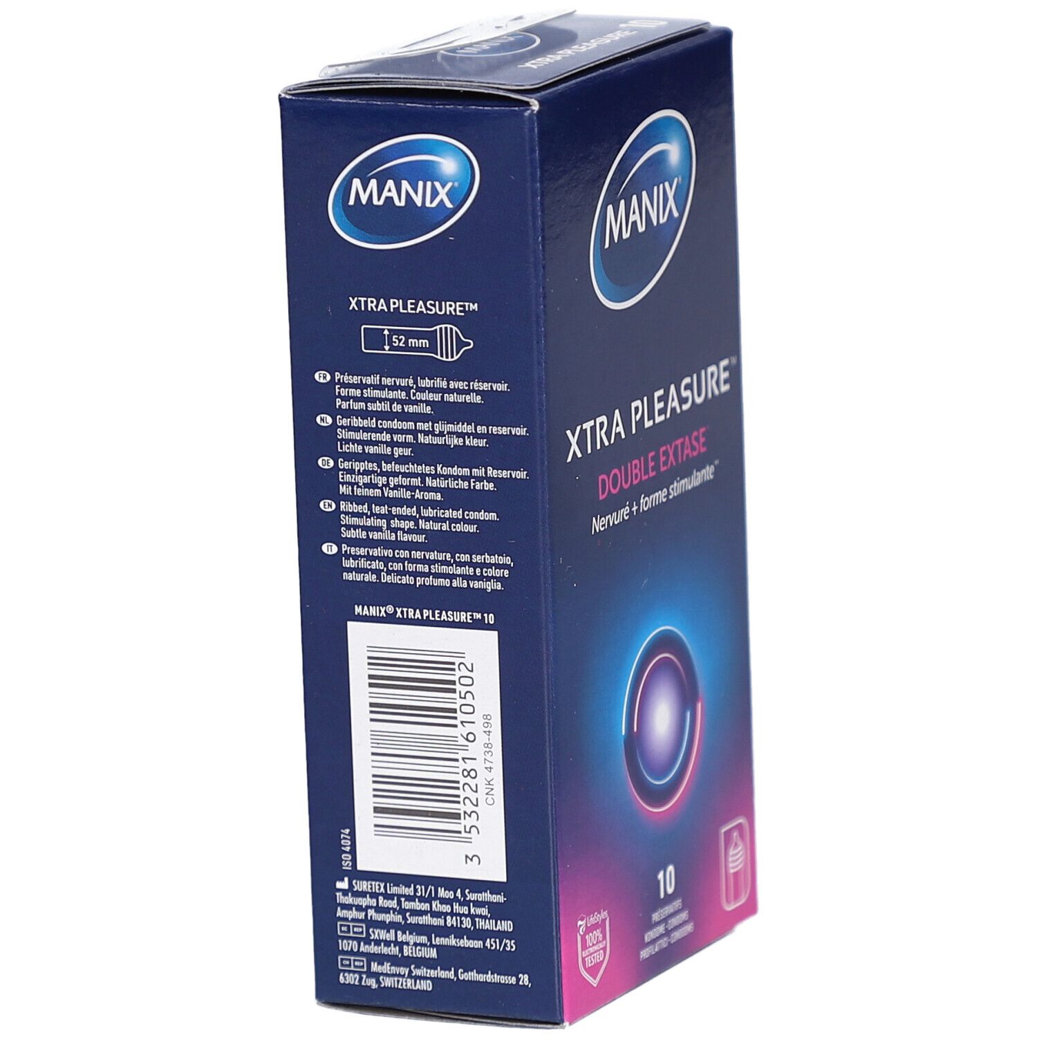 Boîte bleue MANIX XTRA PLEASURE. Texte et illustrations. 10 préservatifs. Code-barres et certifications.