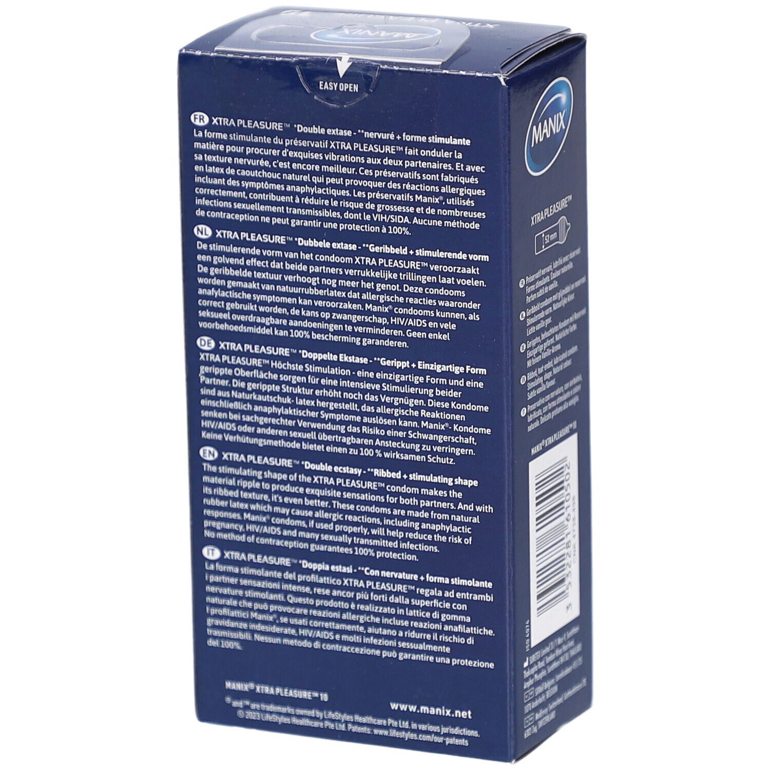 Boîte bleue MANIX XTRA PLEASURE. Texte multilingues. Illustrations. Certifications.