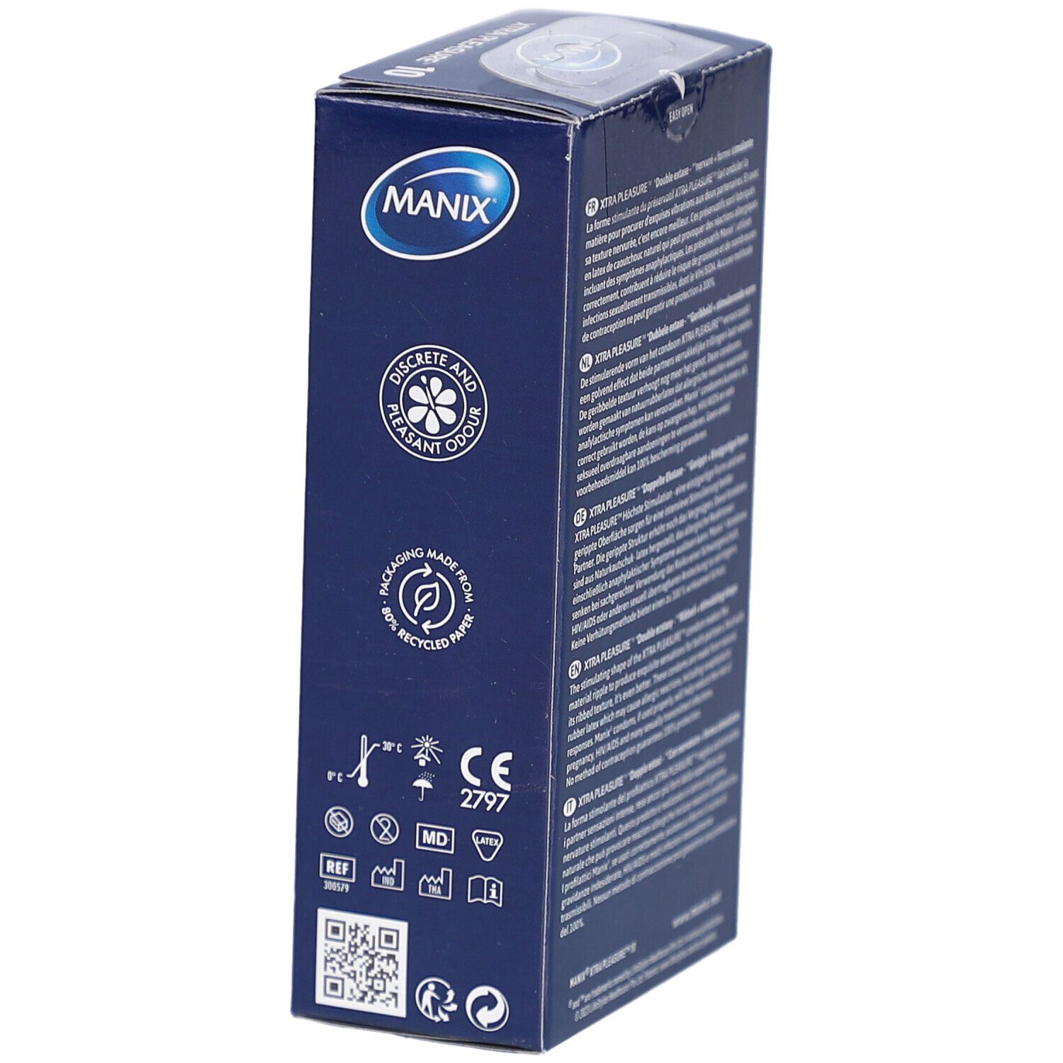 Boîte bleue MANIX. Texte: DISCRETE AND PLEASANT ODOUR. Logo de recyclage. Certifications.