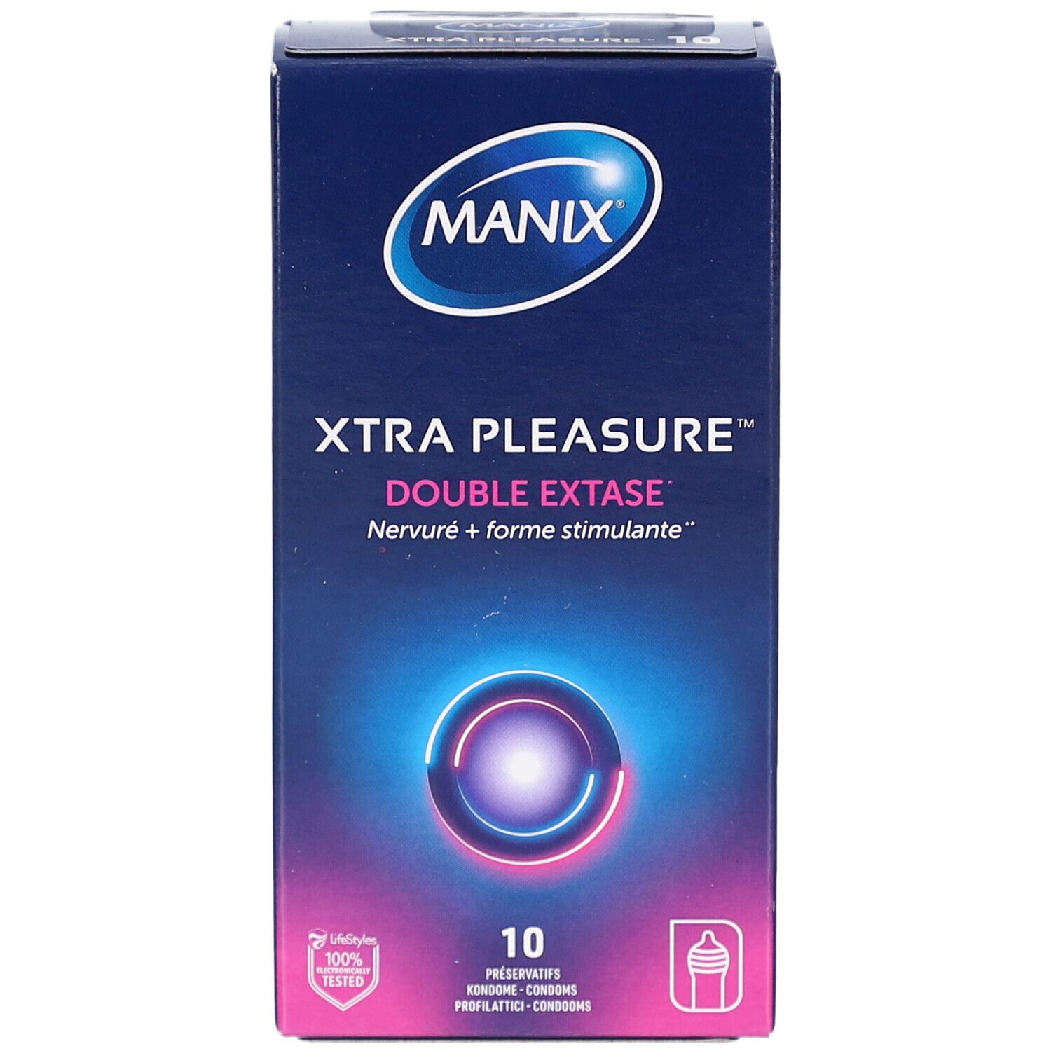 Boîte bleue MANIX XTRA PLEASURE DOUBLE EXTASE. 10 préservatifs. Illustration. Certification.