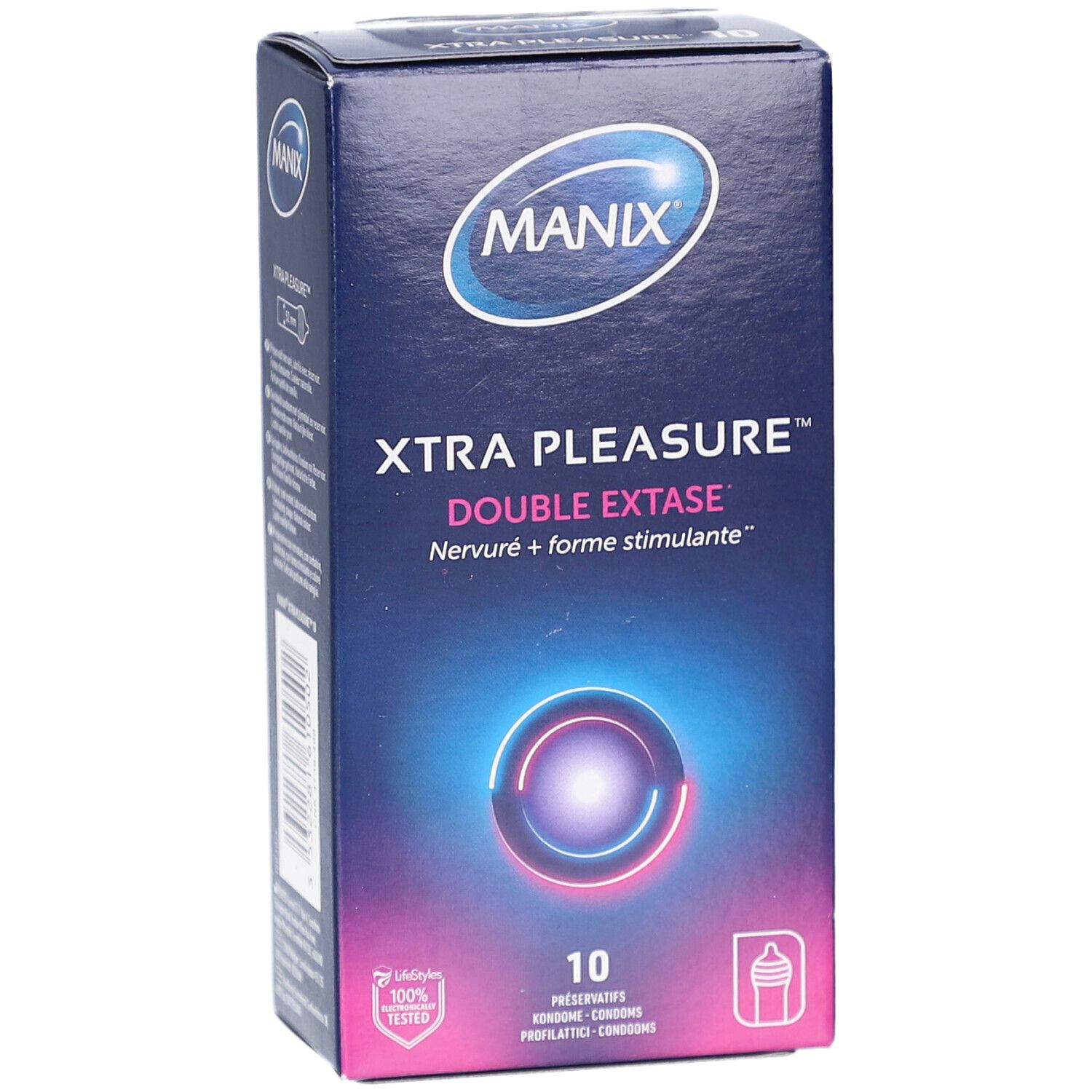 Boîte bleue MANIX XTRA PLEASURE DOUBLE EXTASE. 10 préservatifs. Illustration. Certification.