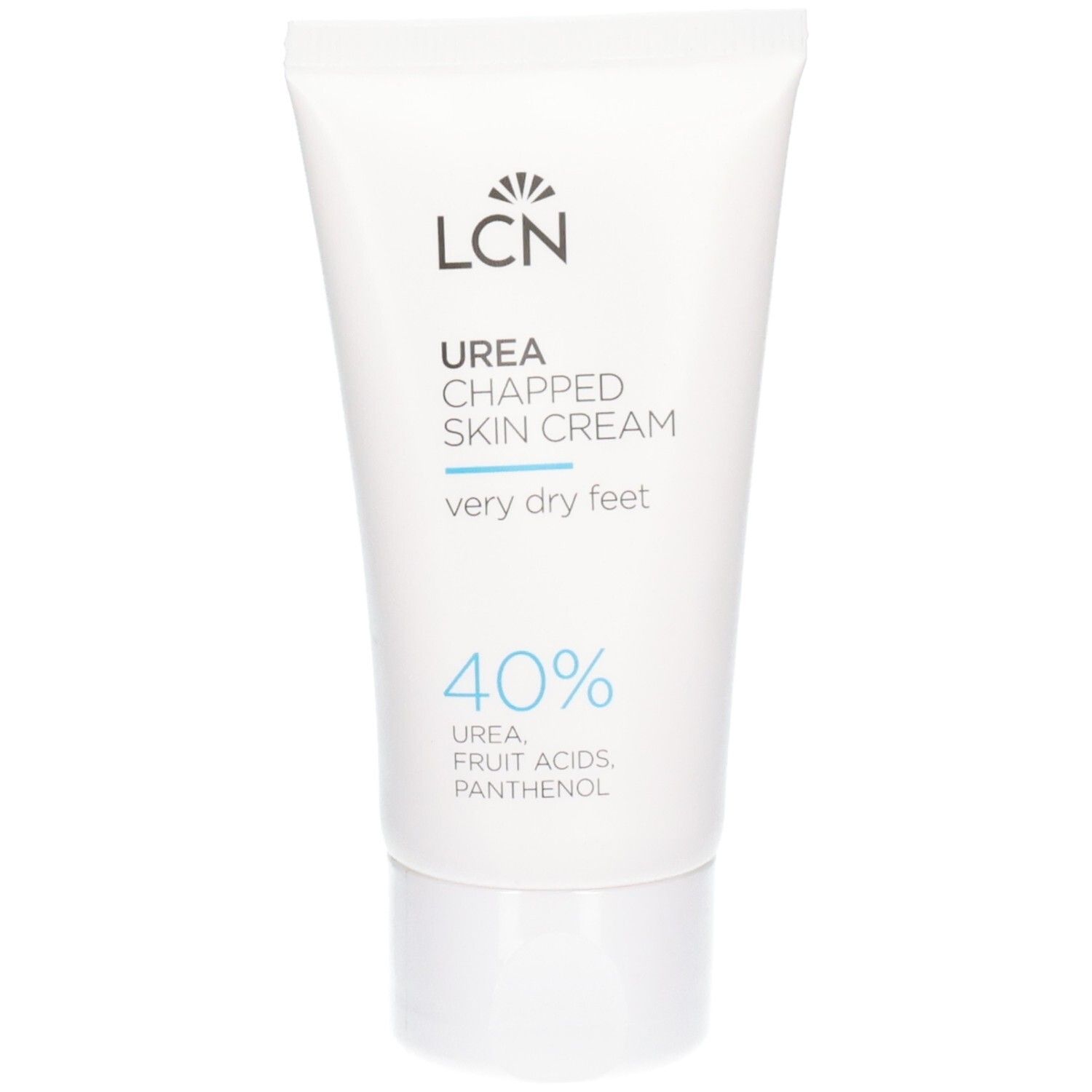 Weiße Tube mit LCN Logo, Aufschrift "UREA CHAPPED SKIN CREAM" und "40% Urea".