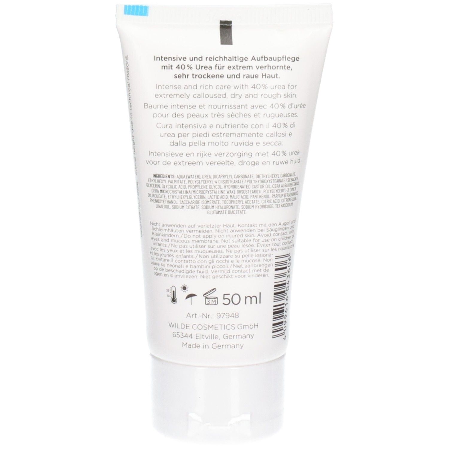 Rückseite einer weißen Tube mit Produktinformationen und "50 ml" Angabe.
