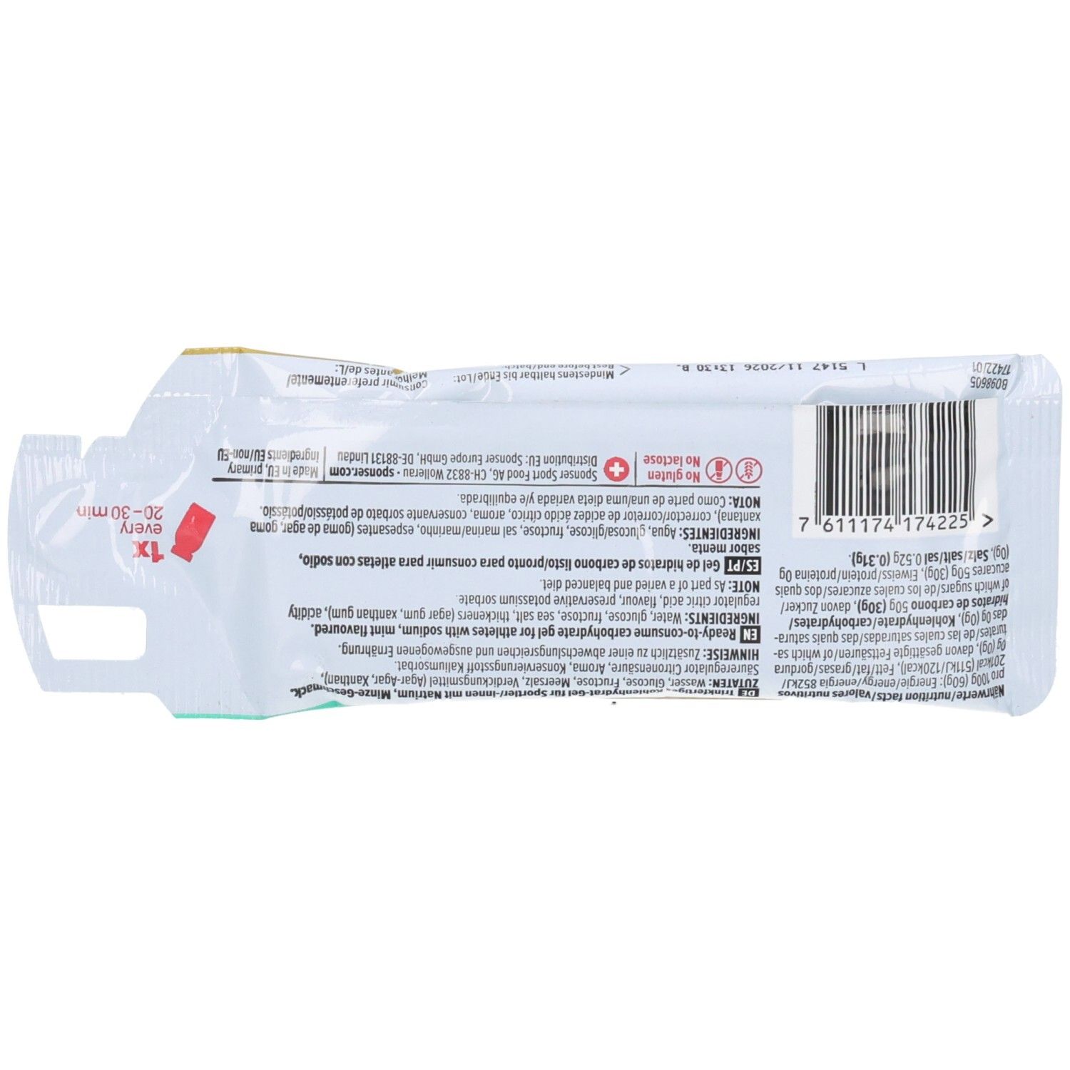 Rückseite SPONSER Carbo Hydrogel Minze Beutel. Zutatenliste und Nährwertangaben sichtbar.