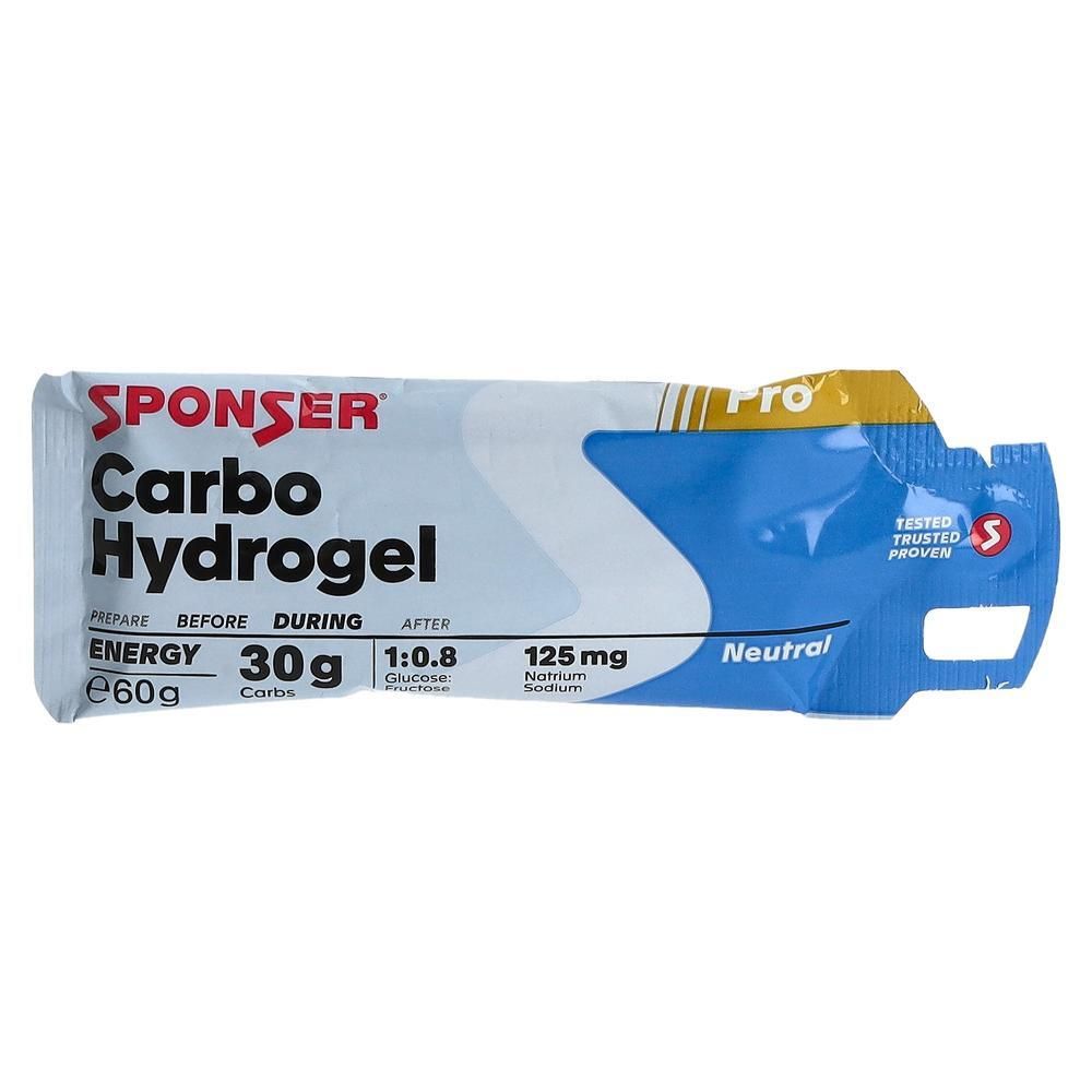 Gelpackung mit SPONSER Carbo Hydrogel, weiß-blau. Enthält 30g Kohlenhydrate, 125mg Natrium. "Neutral"-Geschmack.