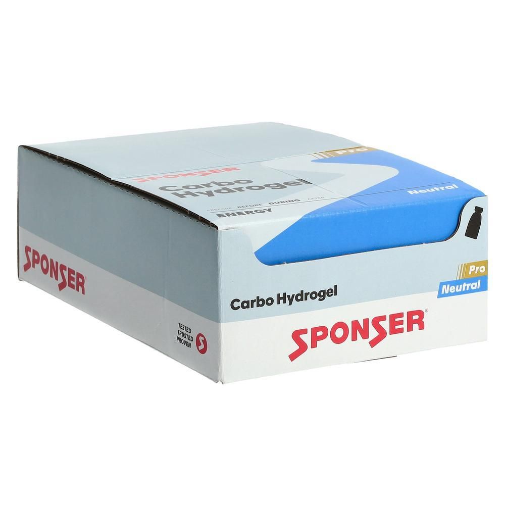 Karton mit SPONSER Carbo Hydrogel. Blaue und weiße Verpackung. Aufschrift: Carbo Hydrogel, Neutral, Pro.