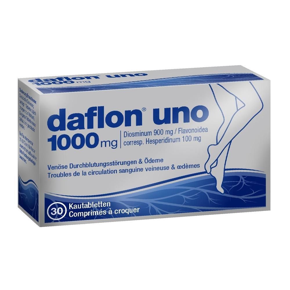 Boîte blanche "daflon uno 1000 mg". Contient 30 comprimés à croquer. Illustration de jambes avec veines. Texte: Troubles de la circulation sanguine veineuse & œdèmes.