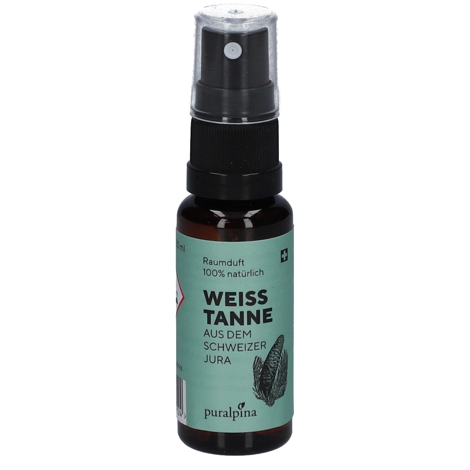 Flacon en verre brun avec vaporisateur noir. Inscription: WEISS TANNE, 100% naturel. Illustration d'une pomme de pin.