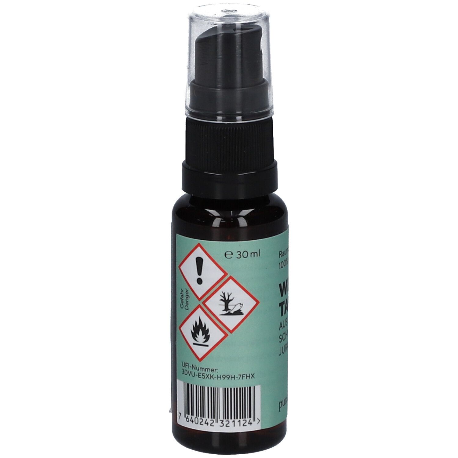 Flacon en verre brun avec vaporisateur noir. Inscription: e 30ml. Symboles de danger. Code-barres et numéro de lot.
