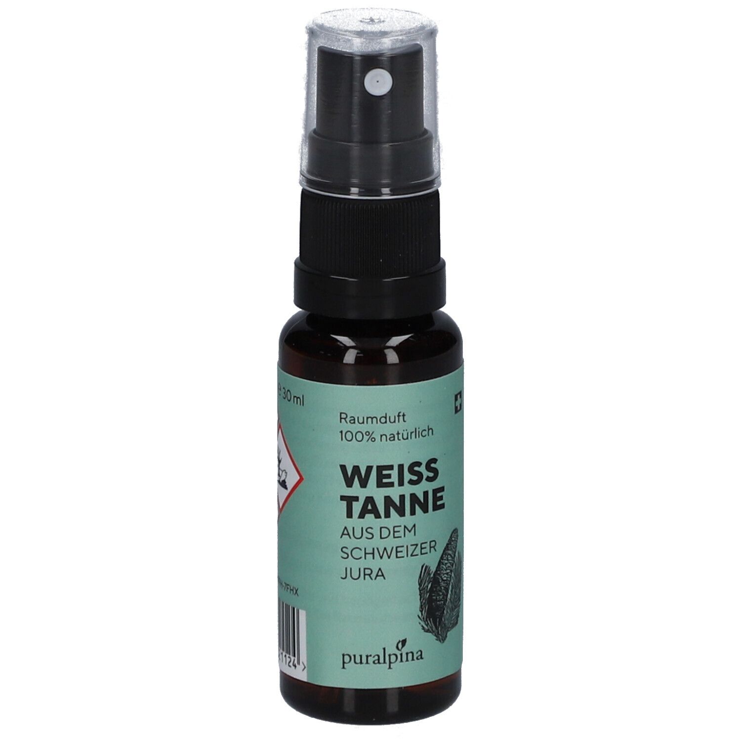Flacon en verre brun avec vaporisateur noir. Inscription: WEISS TANNE, 100% naturel. Illustration d'une pomme de pin.